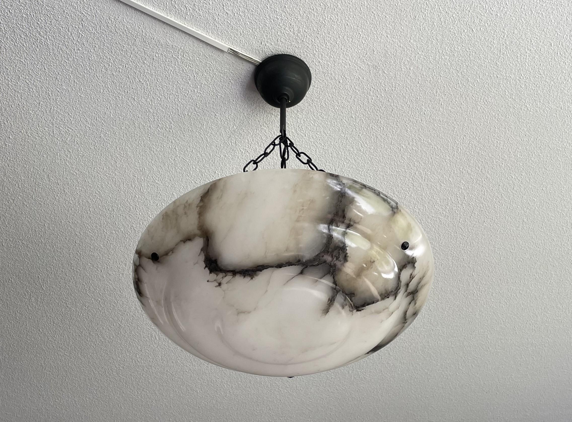 Art Deco Timeless & Near Mint White & Black Antique Alabaster Pendant Chandelier 1920