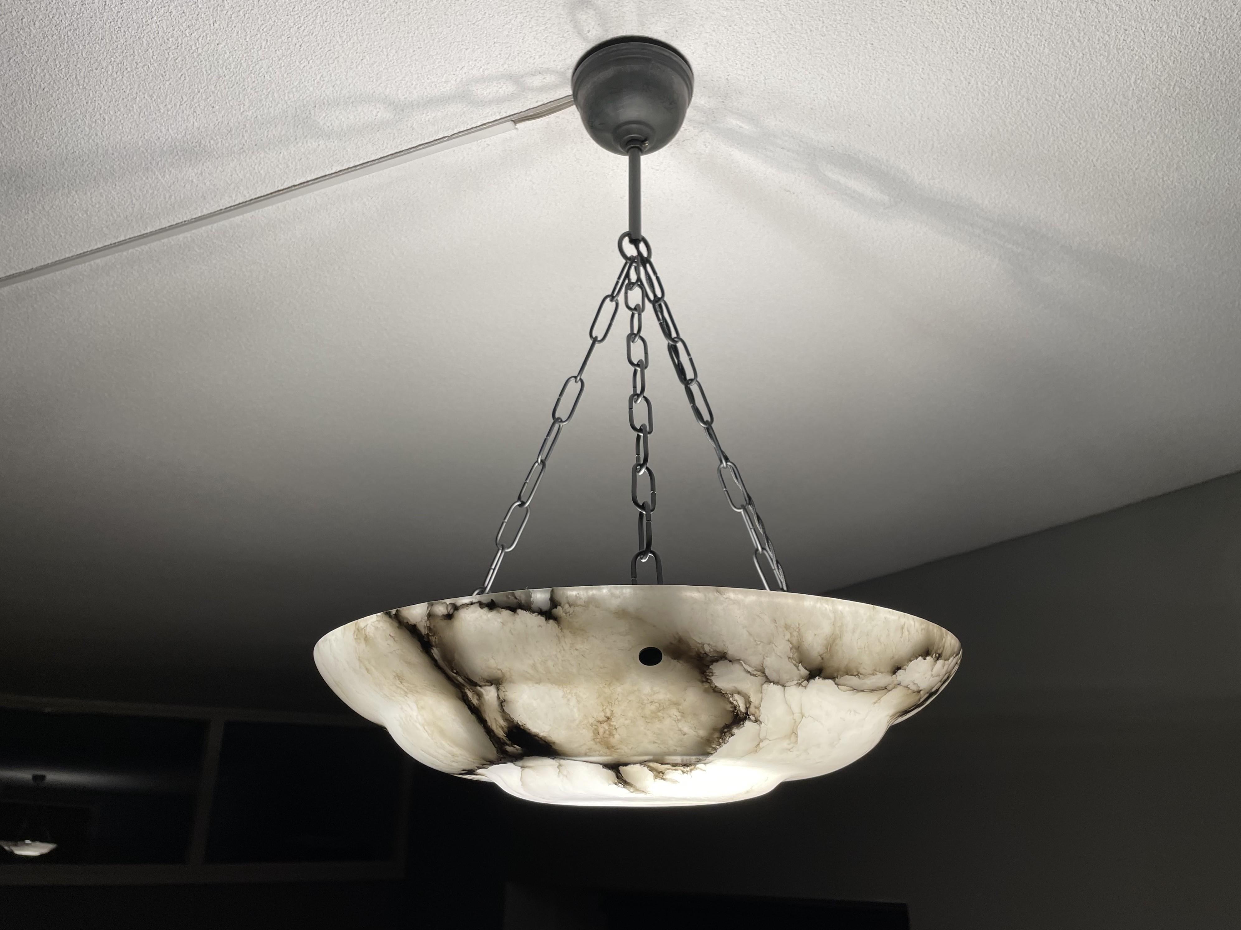 Metal Timeless & Near Mint White & Black Antique Alabaster Pendant Chandelier 1920 For Sale