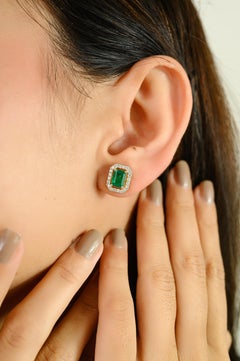Timeless Octagon Cut Emerald with Halo Diamond Floral Stud Earrings in 18k Gold