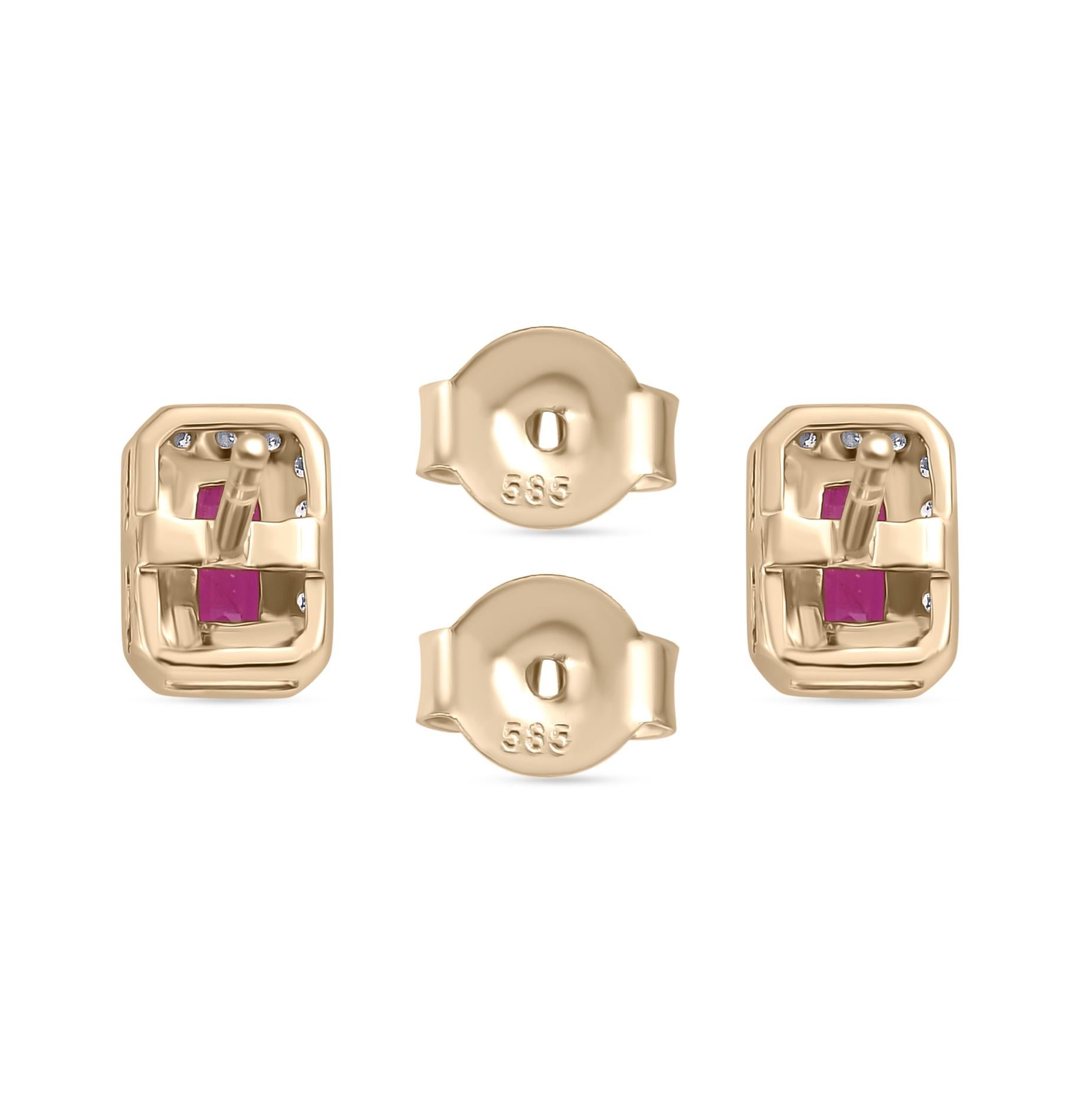 Contemporary Timeless Octagon Cut Ruby Diamond Halo Stud Earrings Gift in 14k Yellow Gold For Sale