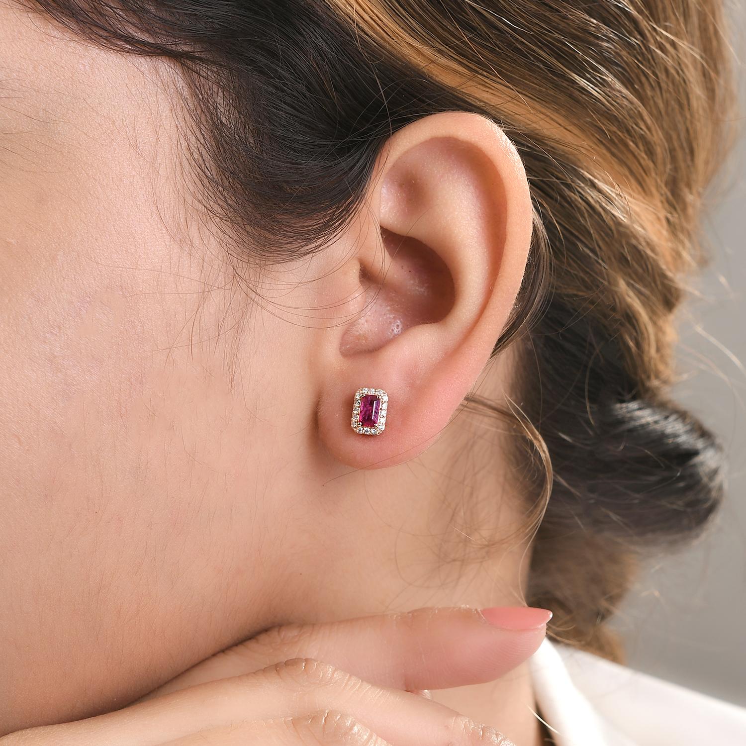 Timeless Octagon Cut Ruby Diamond Halo Stud Earrings Gift in 14k Yellow Gold In New Condition For Sale In New York, NY