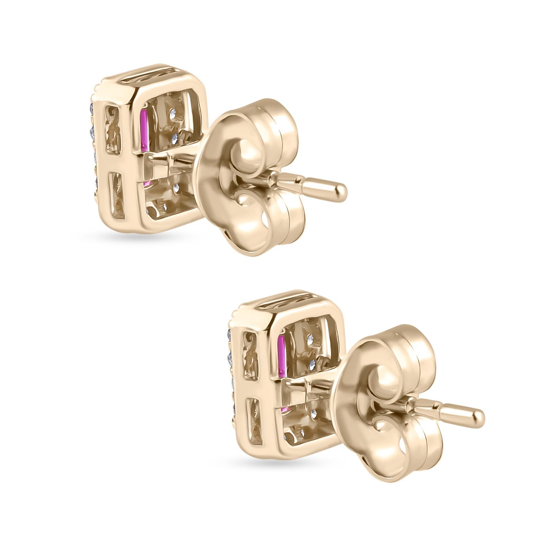 Women's Timeless Octagon Cut Ruby Diamond Halo Stud Earrings Gift in 14k Yellow Gold For Sale