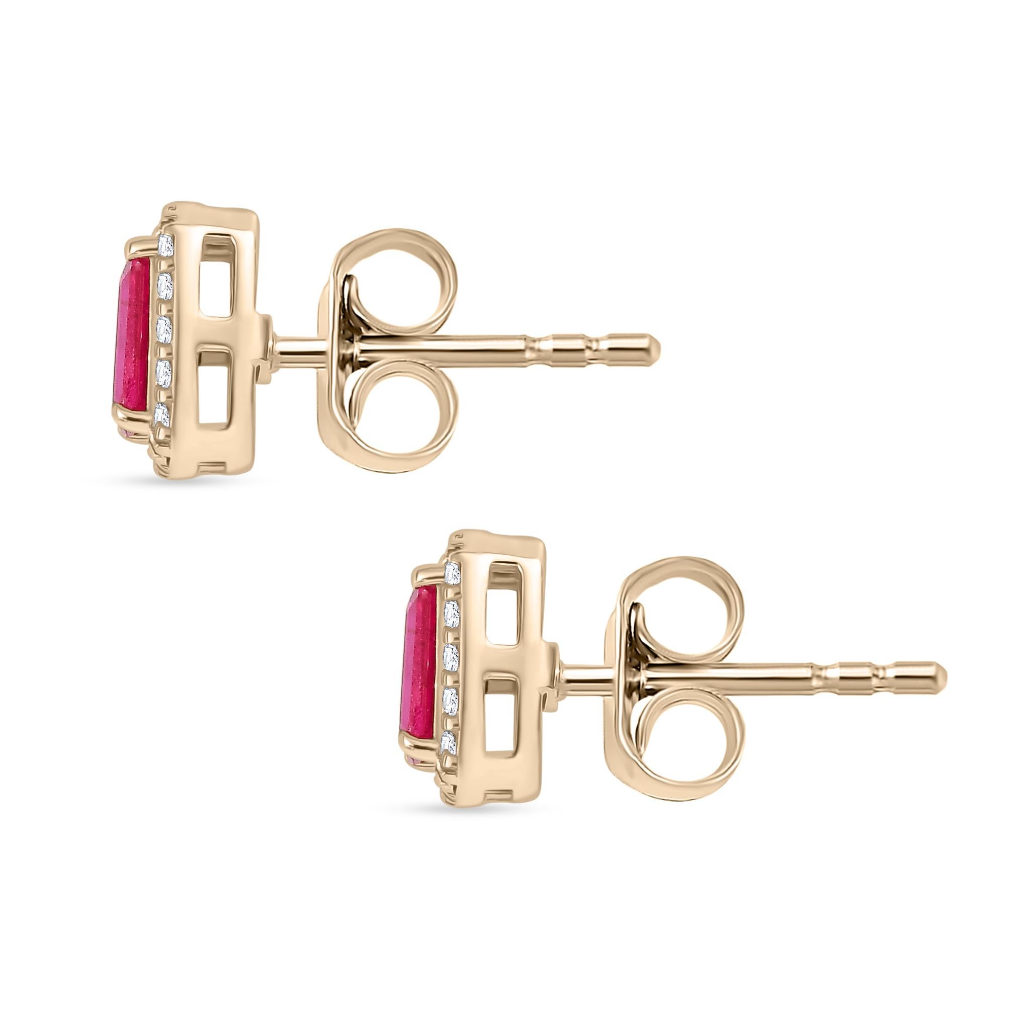 Timeless Octagon Cut Ruby Diamond Halo Stud Earrings Gift in 14k Yellow Gold For Sale 2