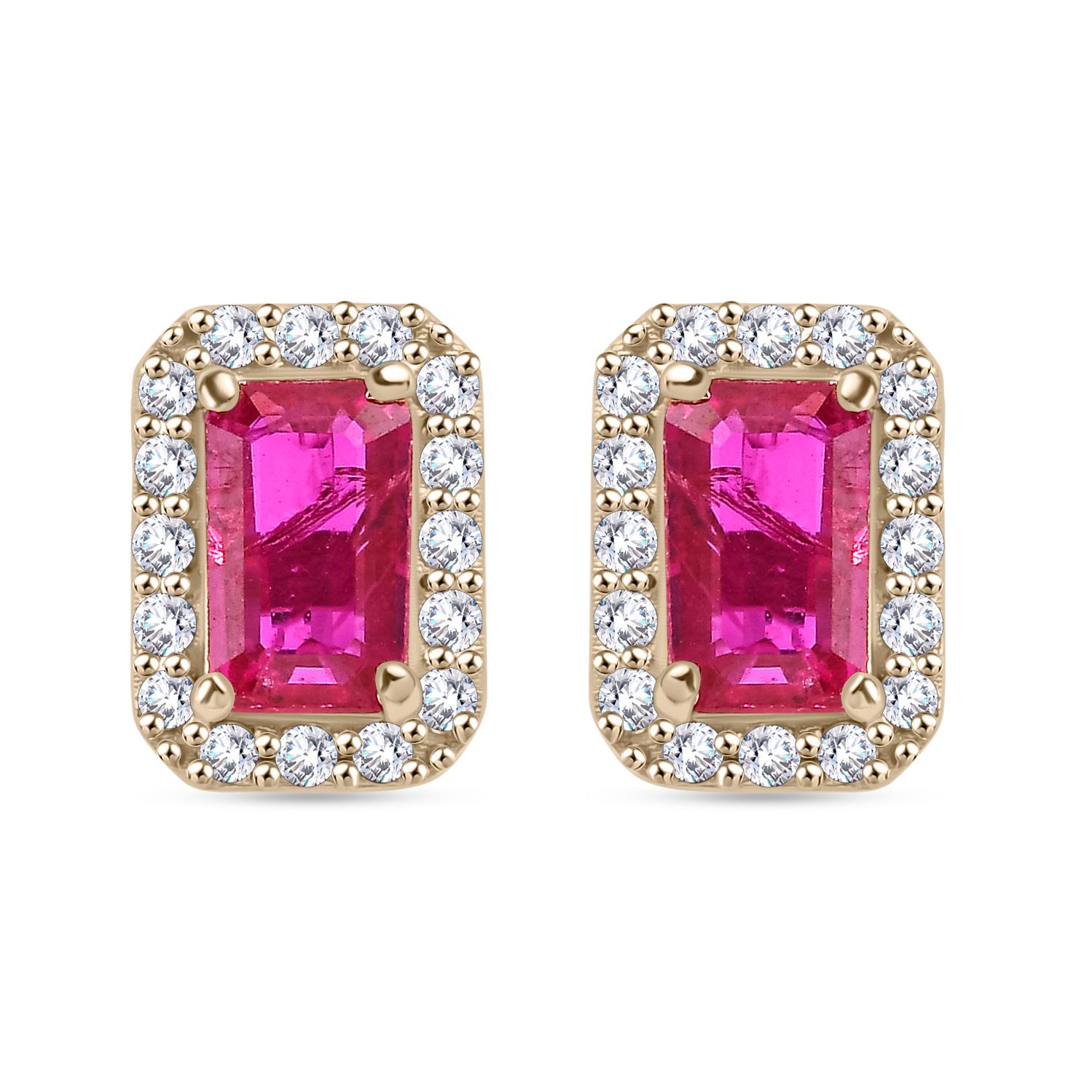 Timeless Octagon Cut Ruby Diamond Halo Stud Earrings Gift in 14k Yellow Gold For Sale 4