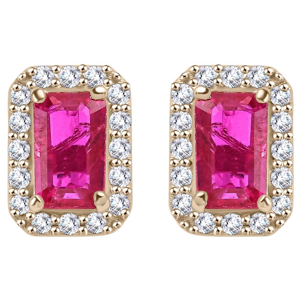 Timeless Octagon Cut Ruby Diamond Halo Stud Earrings Gift in 14k Yellow Gold For Sale