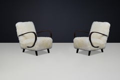 Timeless Pair of Jindřich Halabala Mid-Century Modern Sheepskin Lounge Chairs