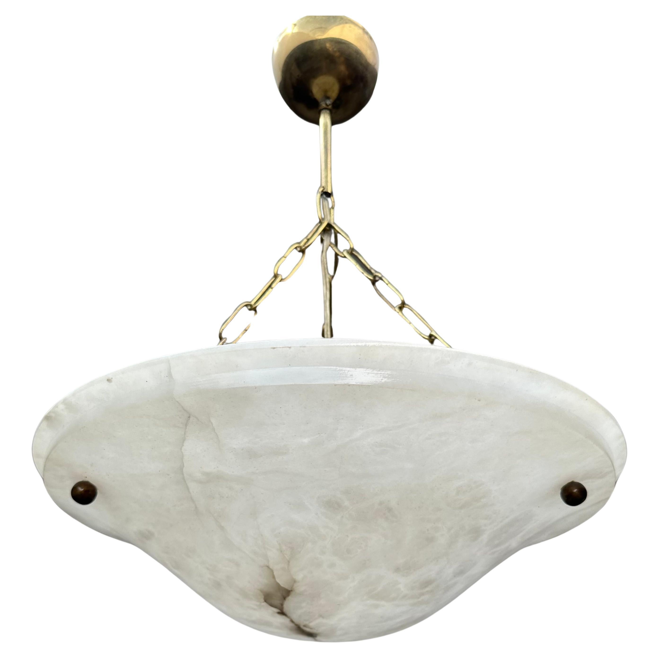 Timeless Midcentury Modern White Alabaster & Brass Flush Mount / Pendant Light