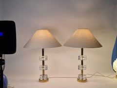 Timeless pair of Scandinavian Modern table lamps with Orrefors glass and brass