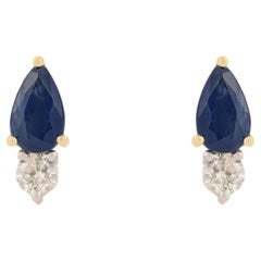 Timeless Pear-Cut Blue Sapphire & Diamond Stud Earrings in 14K Solid Yellow Gold