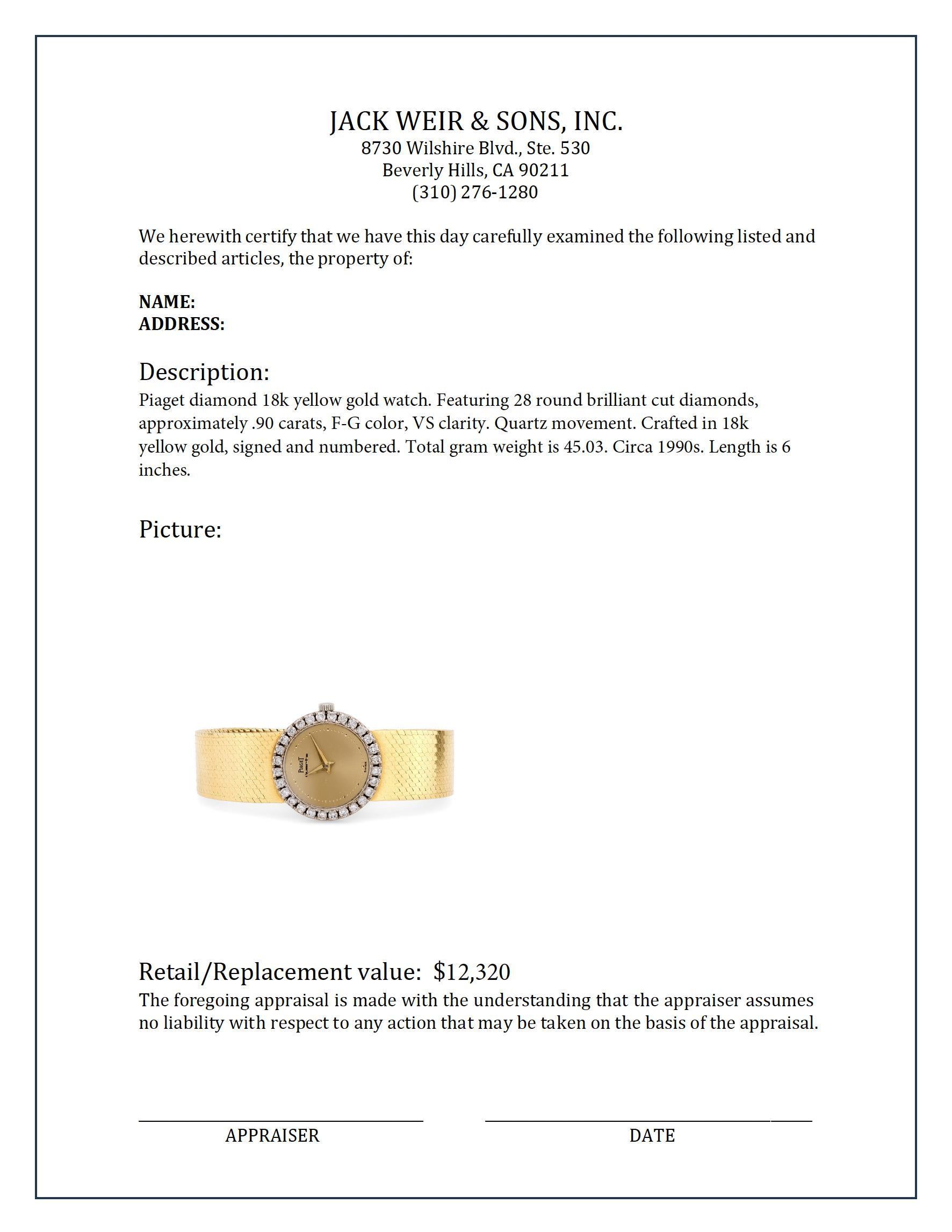 Timeless Piaget diamond 18k yellow gold watch In Excellent Condition In Beverly Hills, CA