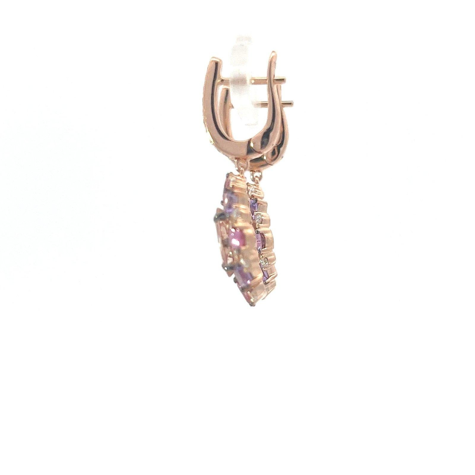 Taglio cuscino antico Orecchini esclusivi senza tempo in oro rosa 18 carati con tormalina rosa e ametista e diamanti in vendita