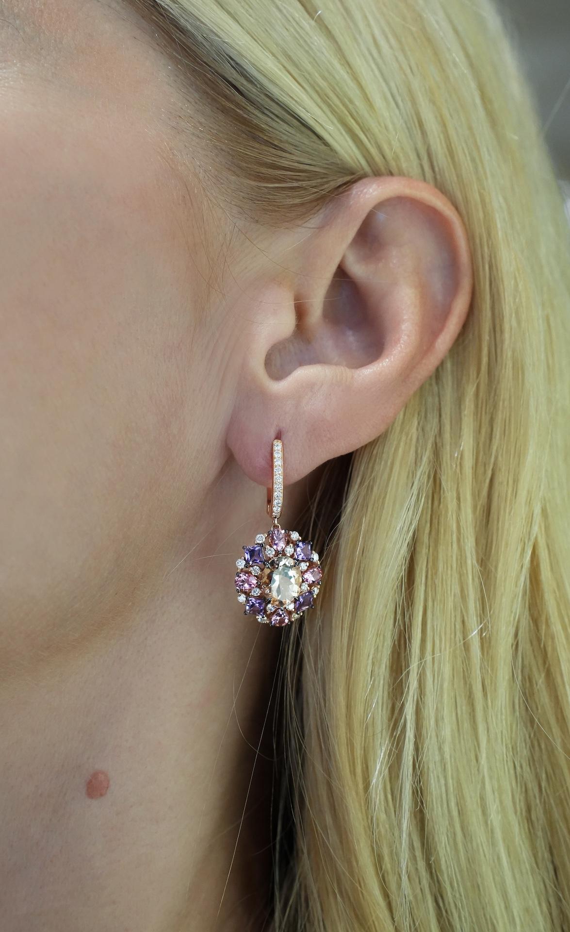 Donna Orecchini esclusivi senza tempo in oro rosa 18 carati con tormalina rosa e ametista e diamanti in vendita