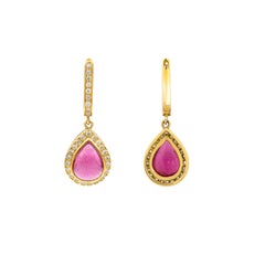 Timeless Pink Tourmaline Cabochon & Diamond Halo Drop Earring in 18K Yellow Gold