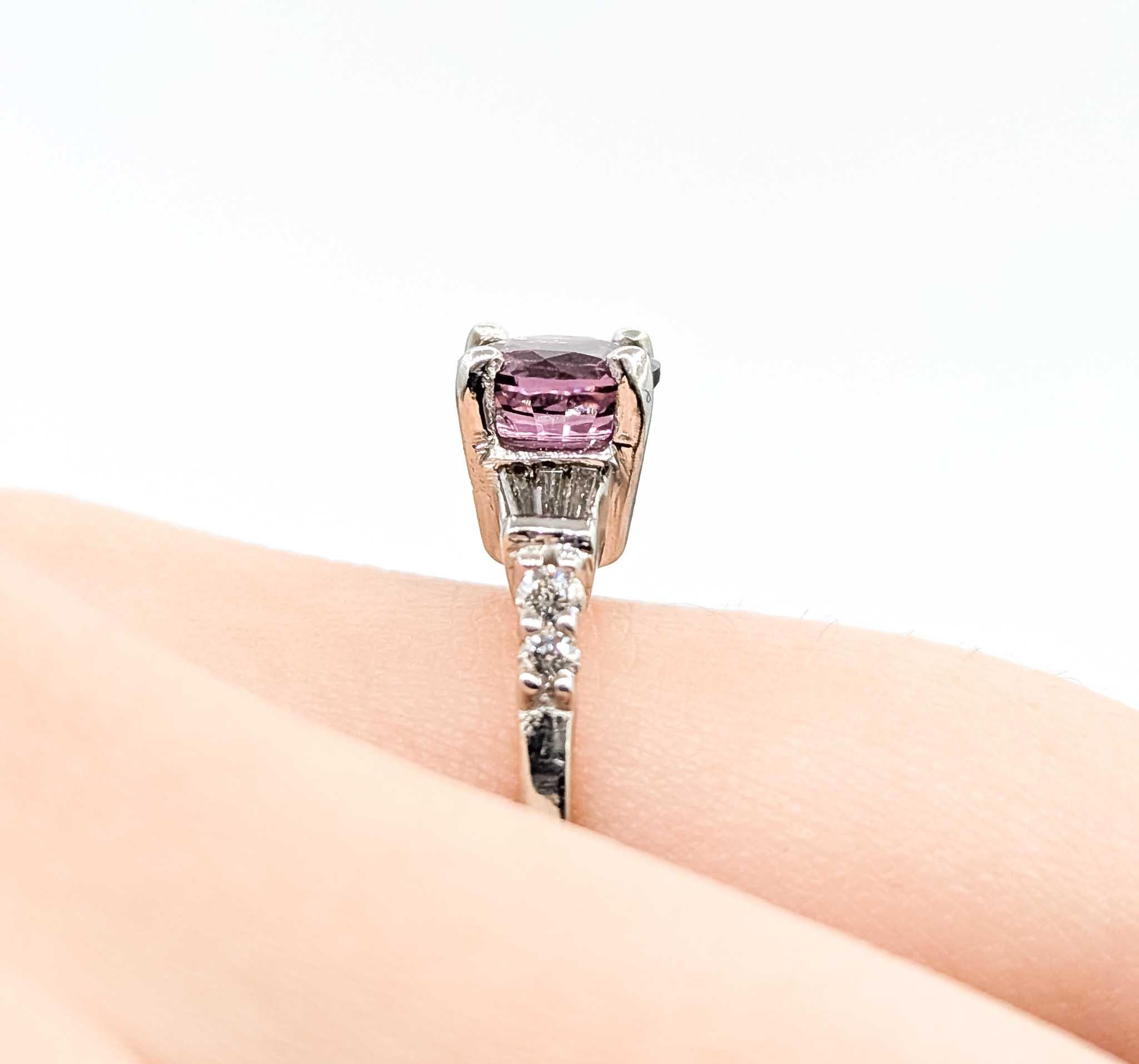 Baguette Cut Timeless Raspberry Spinel and Diamond Ring in 14k White Gold For Sale
