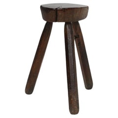 Antique Timeless robust dark wooden tripod stool, France ca. 1900