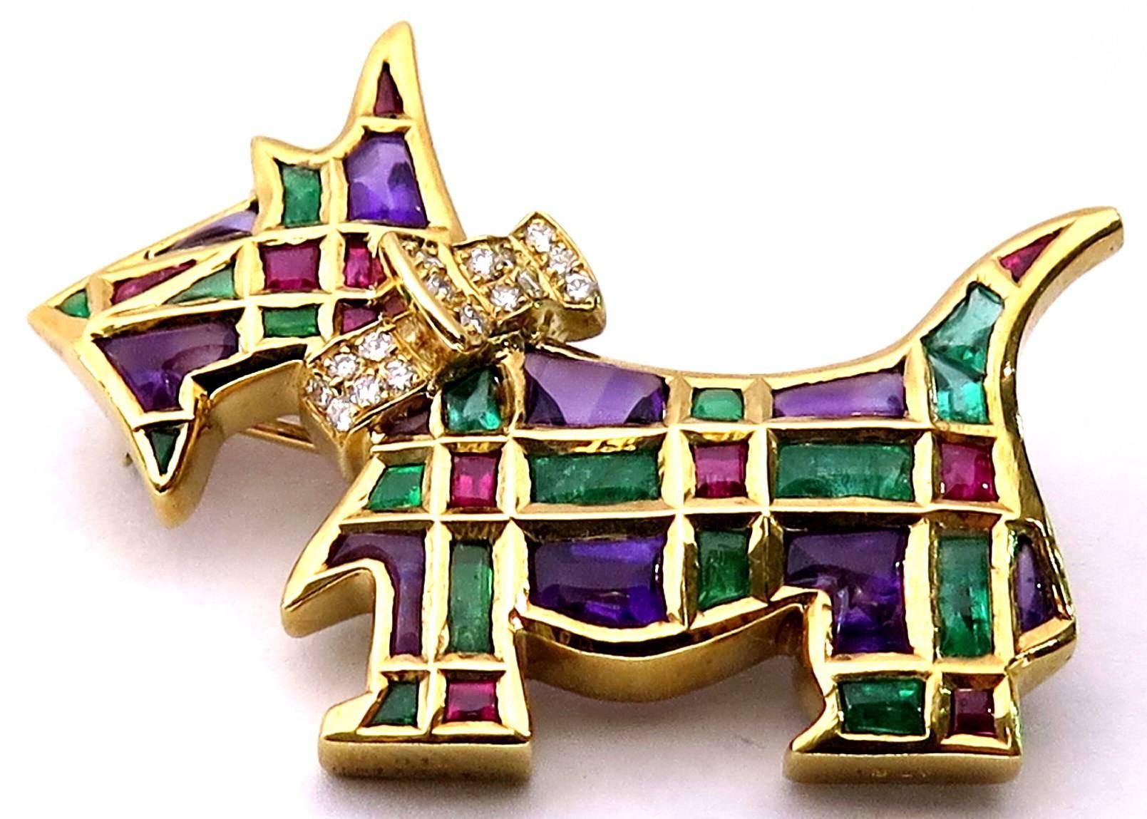 This fabulous little fella is so adorable, you will want to take him home for yourself! He is 18k yellow gold and accented with diamonds, rubies, emeralds, and amethysts all cabochons, calibrated perfectly into his irresistibly shaped body. He is