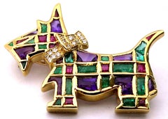 Timeless Scottie Dog Diamond and Gemstone Gold Pin Looking For Forever Home