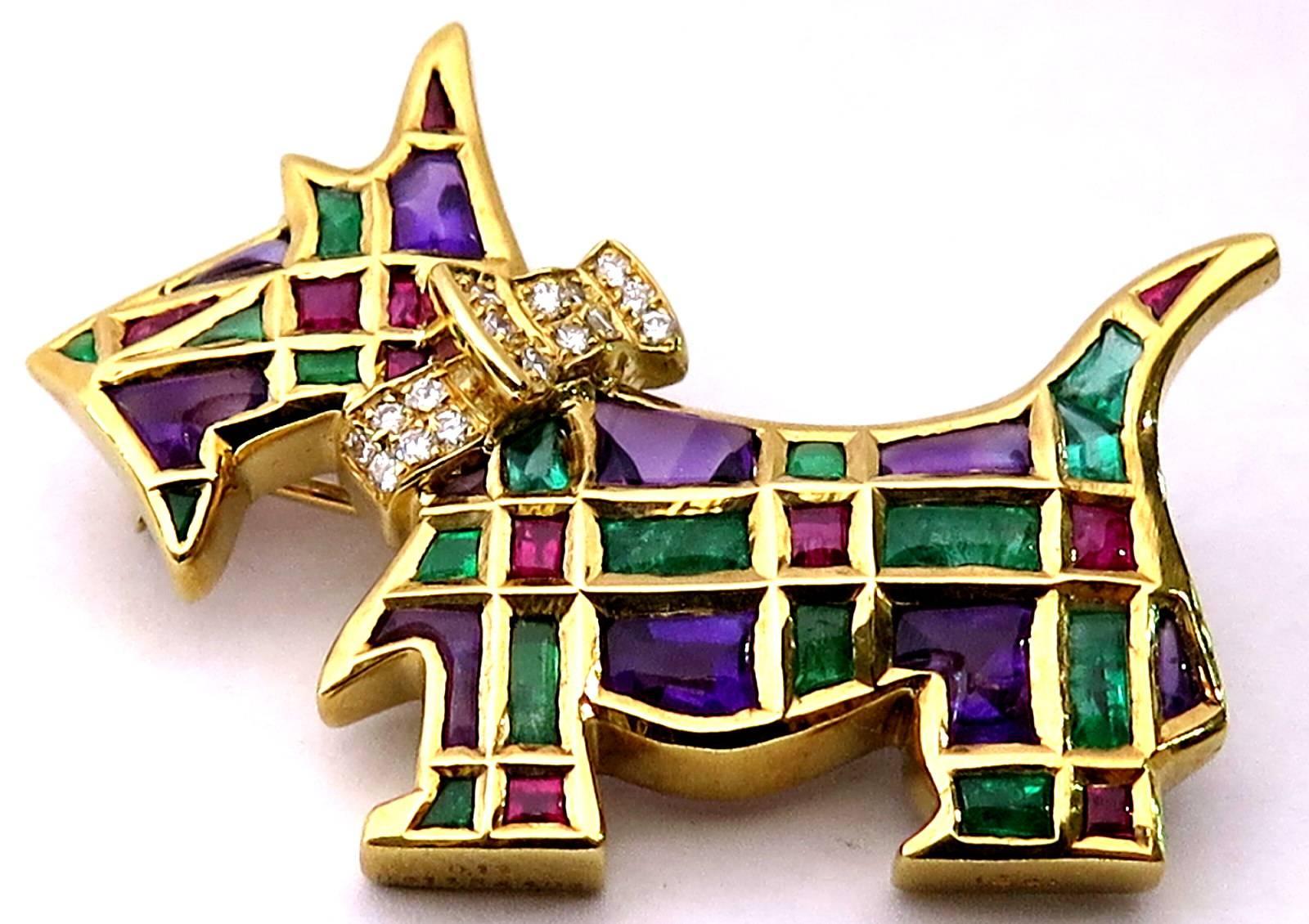 Timeless Scottie Dog Diamond and Gemstone Gold Pin Looking For Forever Home In Excellent Condition For Sale In Palm Beach, FL
