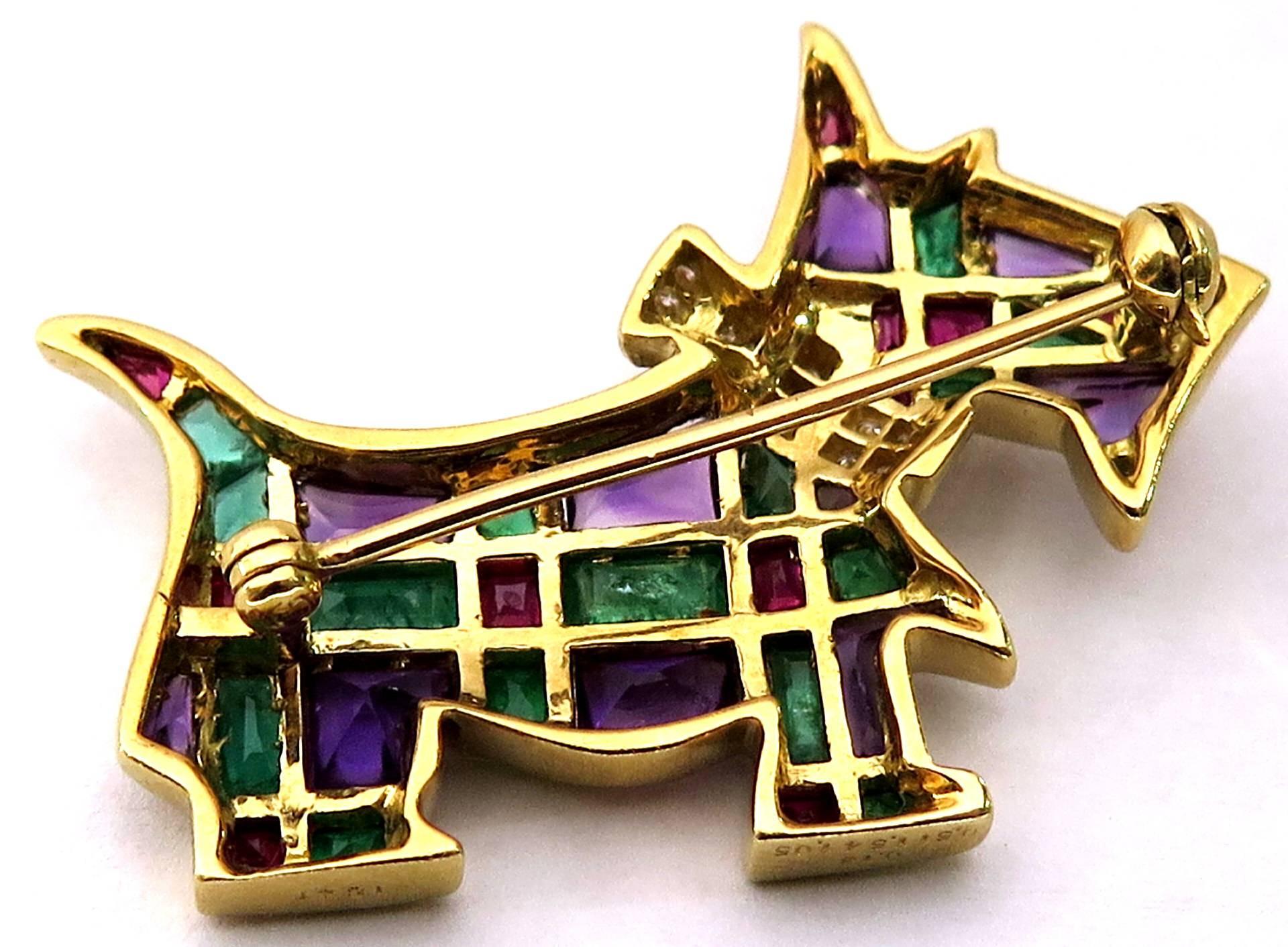 Women's or Men's Timeless Scottie Dog Diamond and Gemstone Gold Pin Looking For Forever Home For Sale