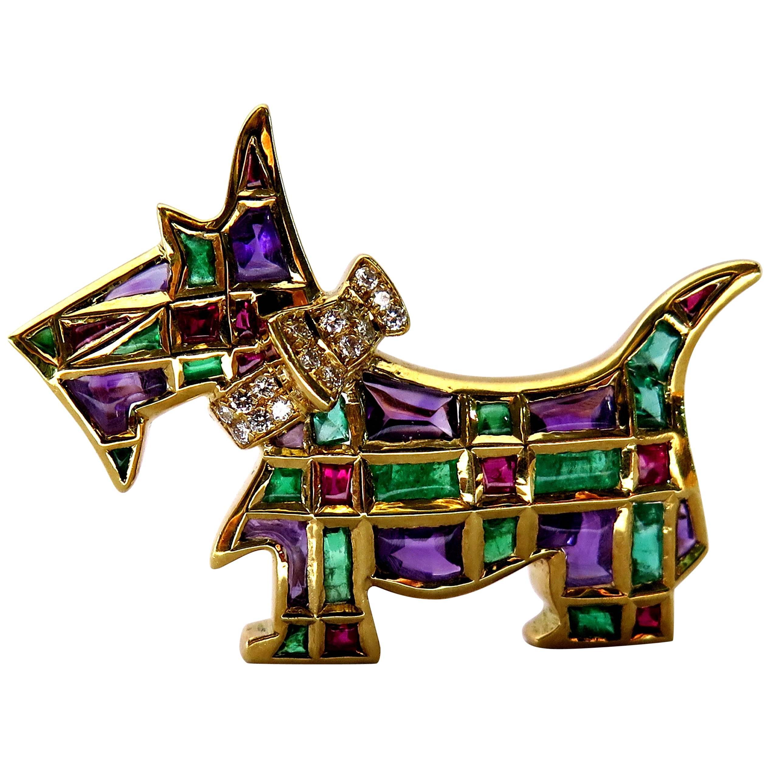 Timeless Scottie Dog Diamond and Gemstone Gold Pin Looking For Forever Home For Sale