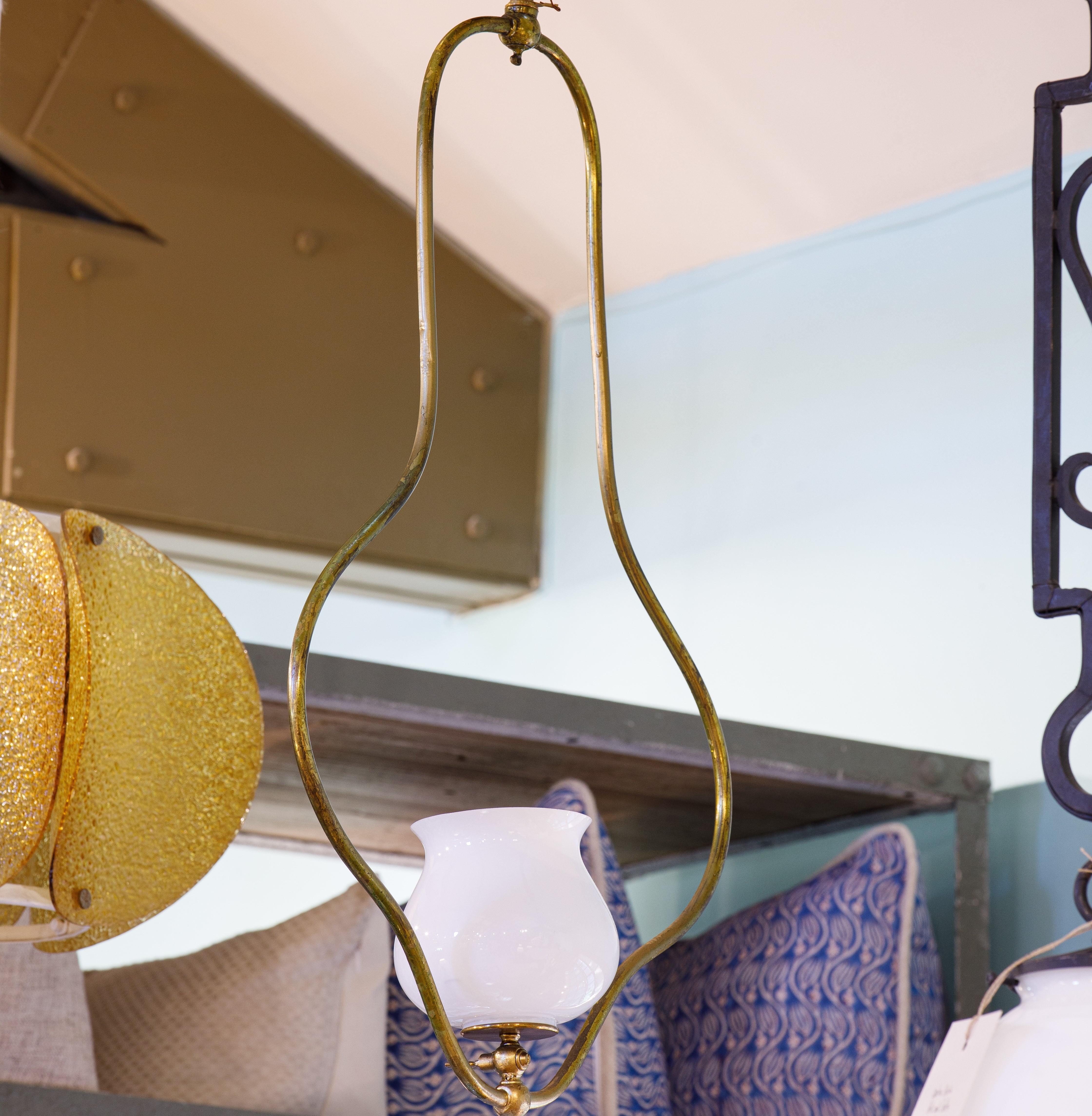 Other Timeless, Simple Brass and White Glass Pendant, Lantern, or Parlor Light For Sale