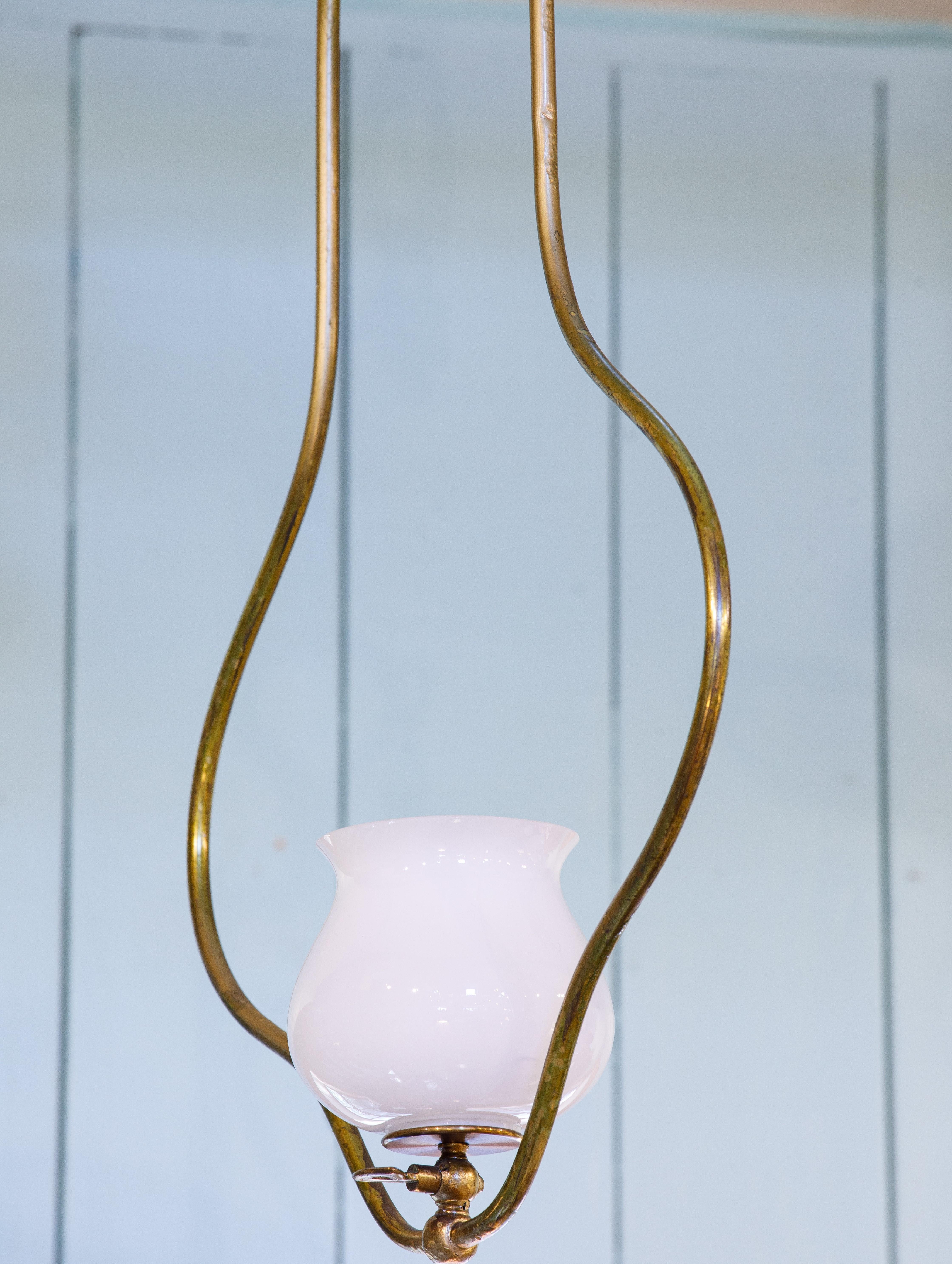 Belgian Timeless, Simple Brass and White Glass Pendant, Lantern, or Parlor Light For Sale