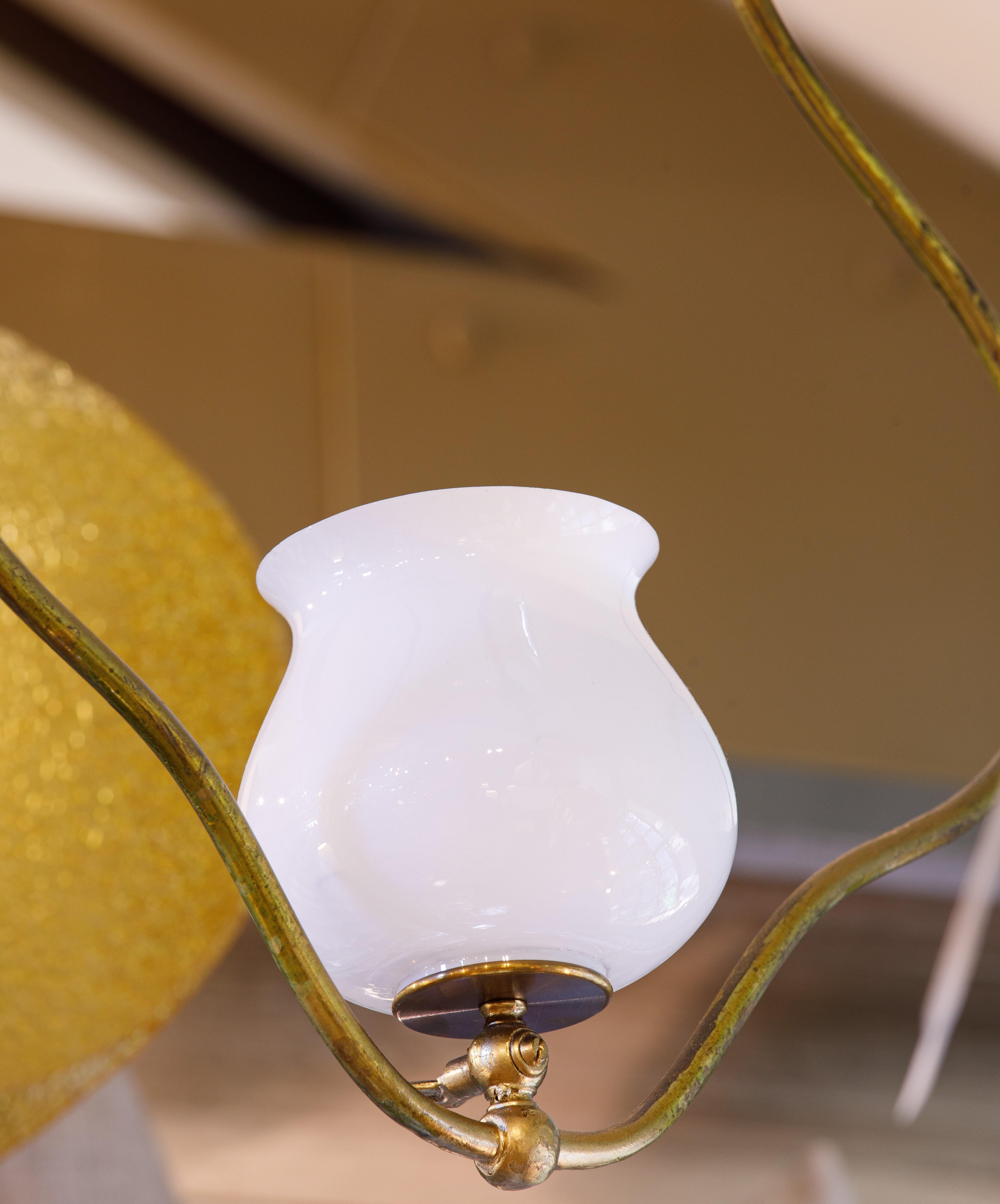 Timeless, Simple Brass and White Glass Pendant, Lantern, or Parlor Light In Good Condition For Sale In Houston, TX