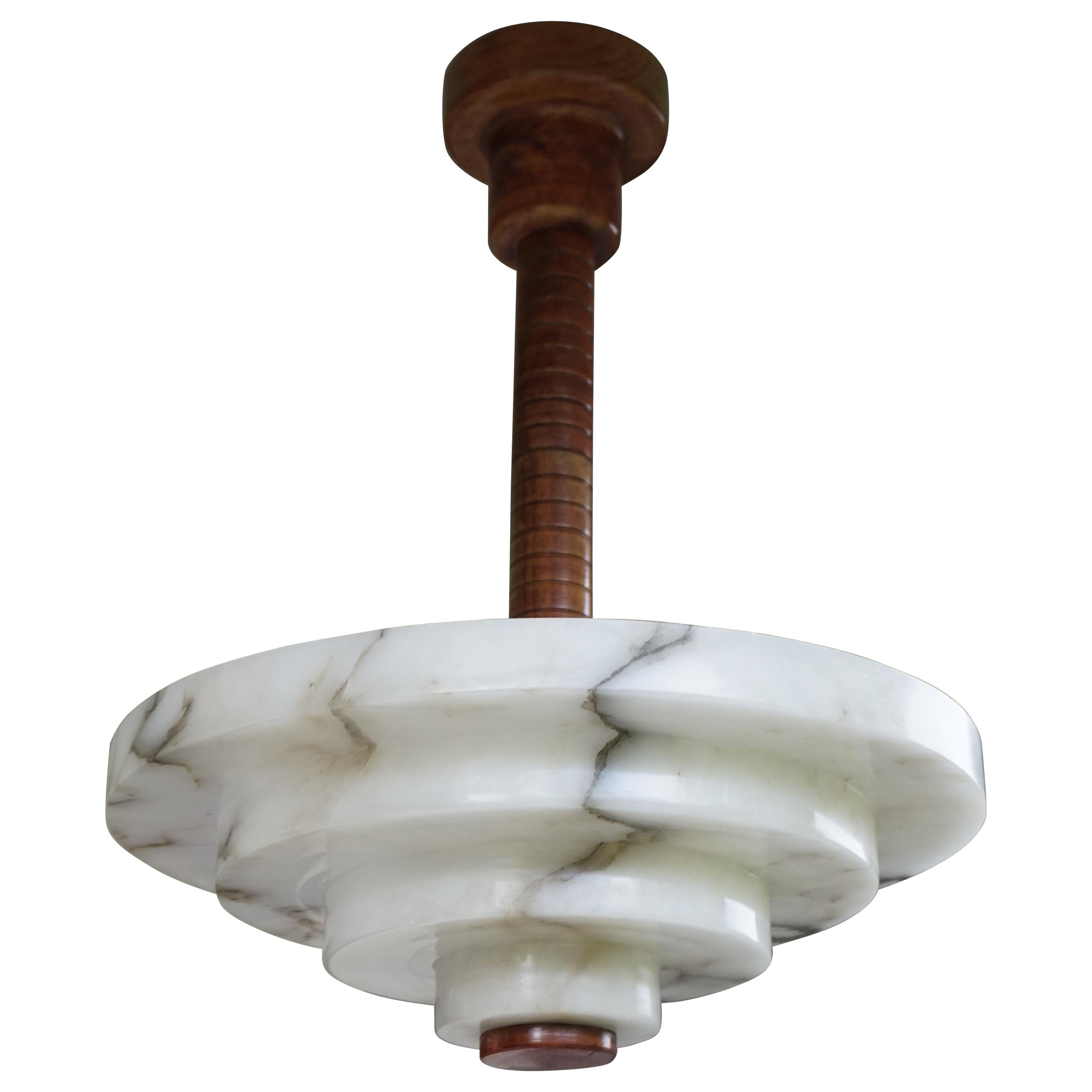 Timeless 
Stunning White Alabaster and Black Veins, Two-Light Art Deco Pendant