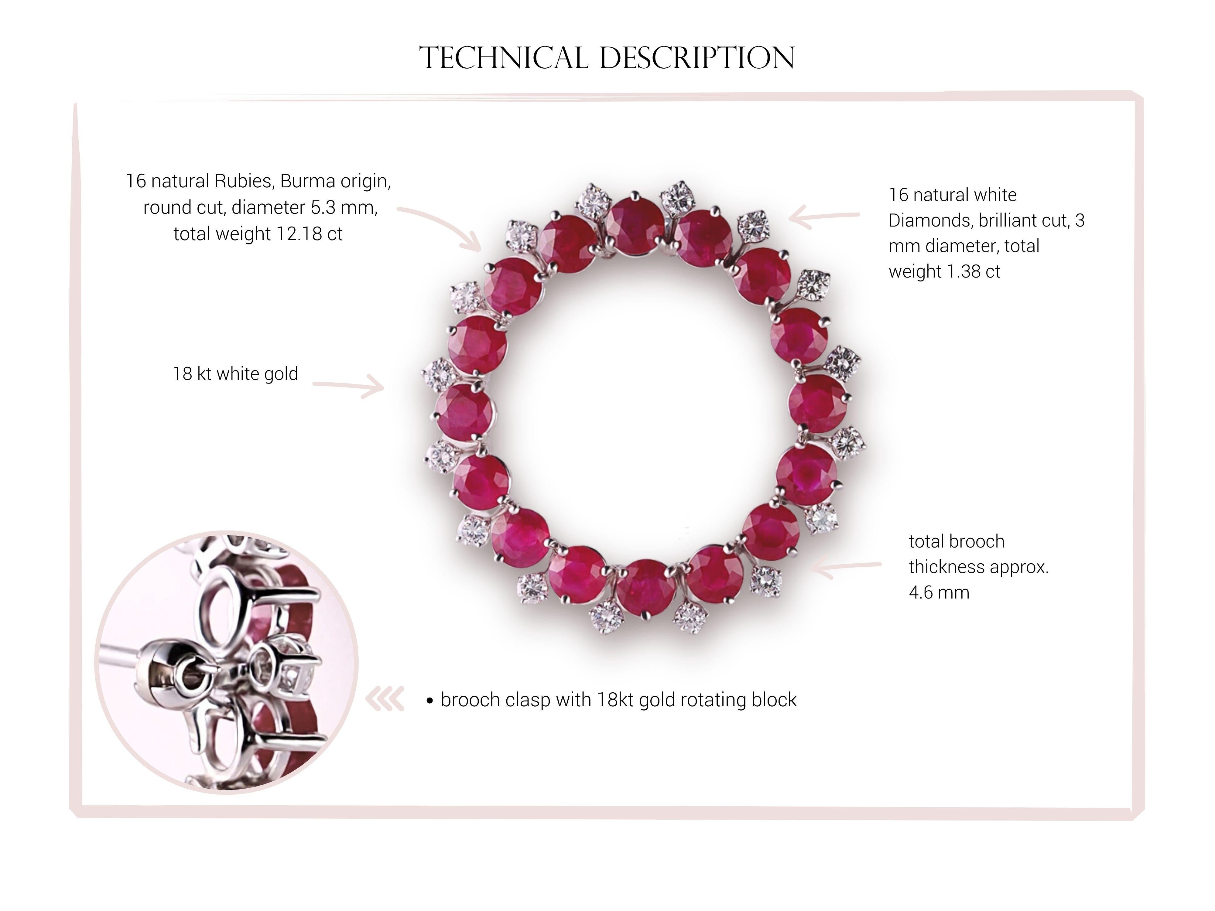 Women's or Men's Timeless Treasure:18kt White Gold Brooch with 12 ct Burmese Rubies and Diamonds For Sale