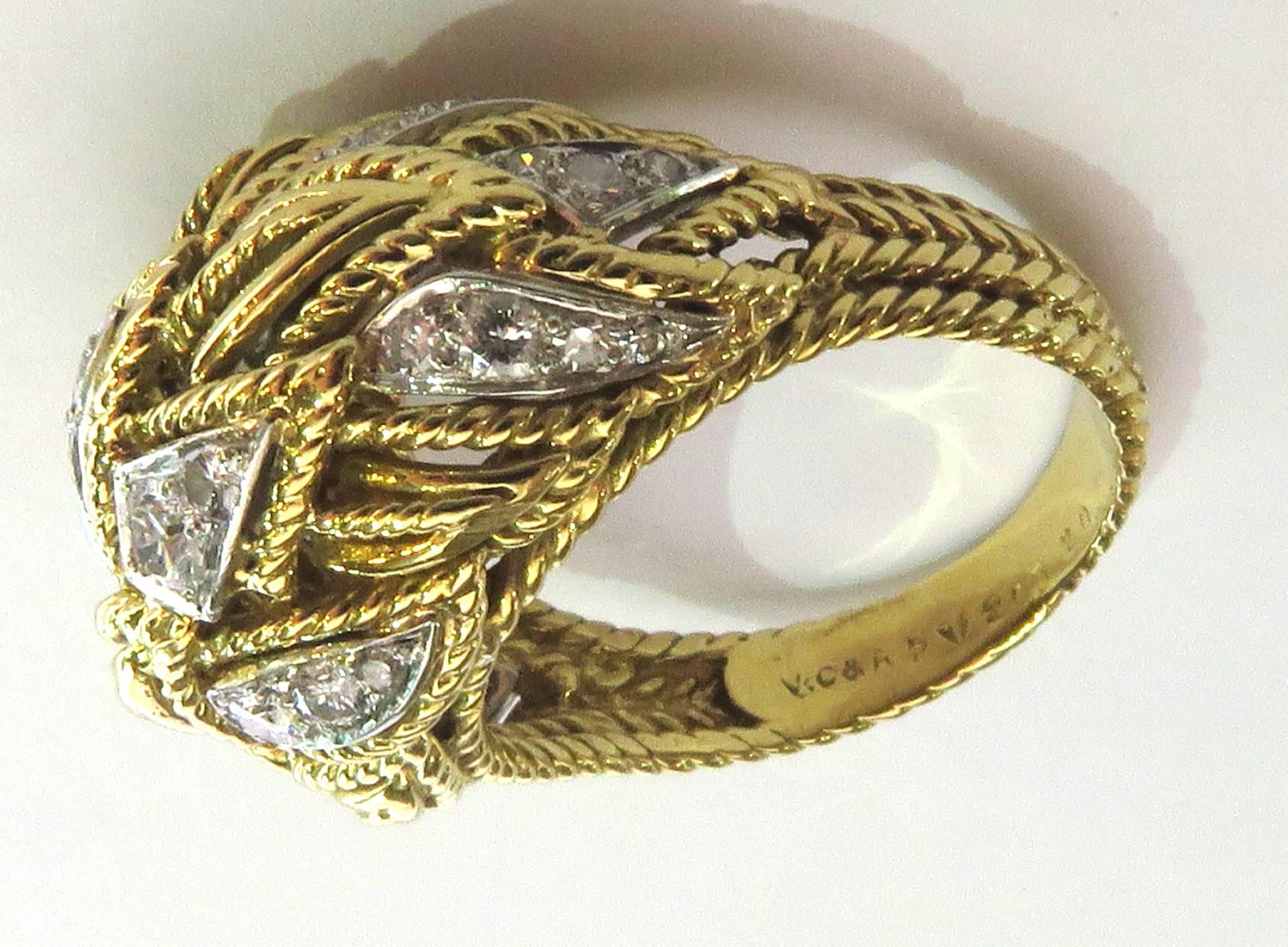 Timeless Van Cleef & Arpels Diamonds in Woven Leaf Design Gold Domed Ring 5