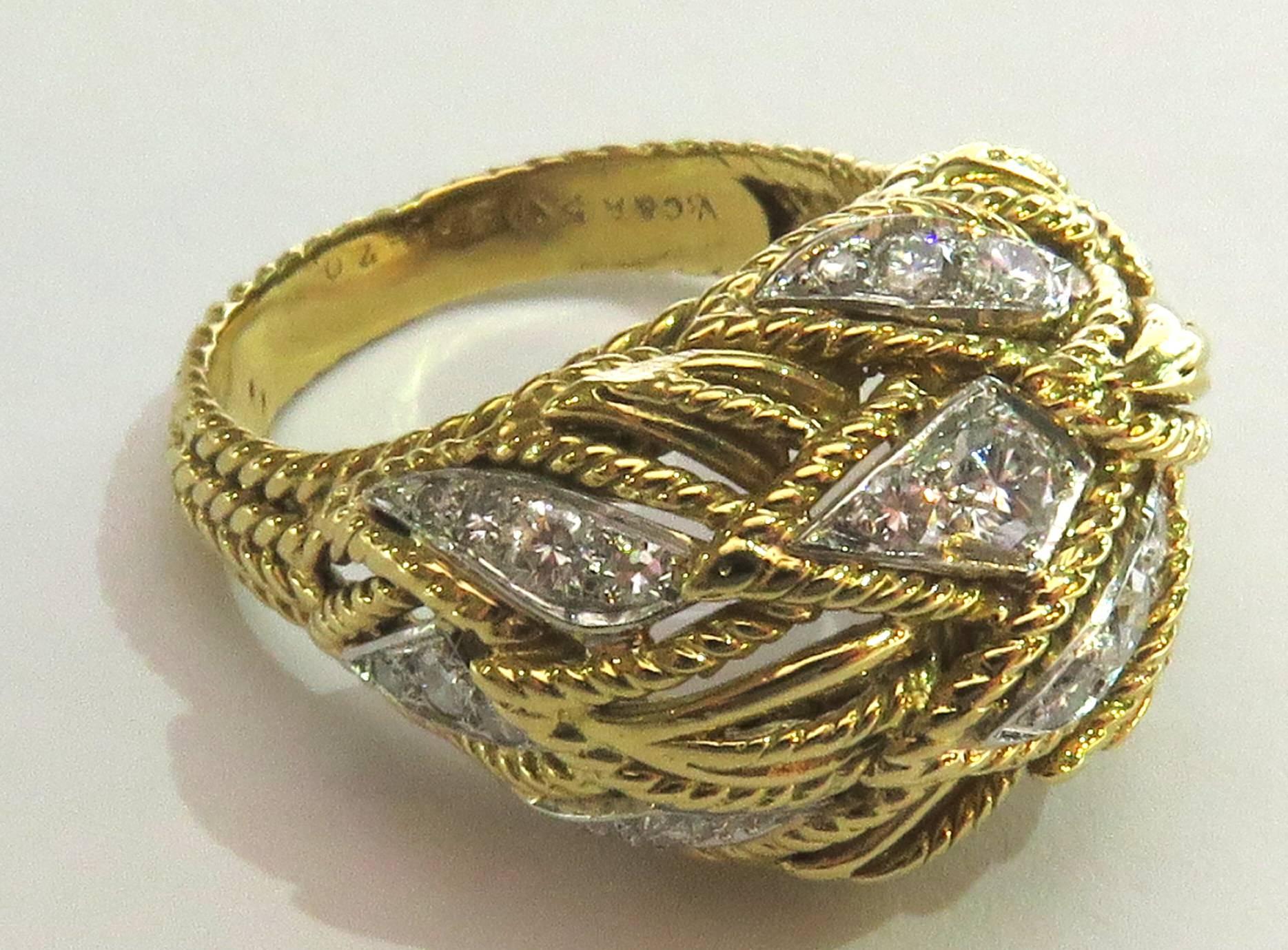 Timeless Van Cleef & Arpels Diamonds in Woven Leaf Design Gold Domed Ring 6