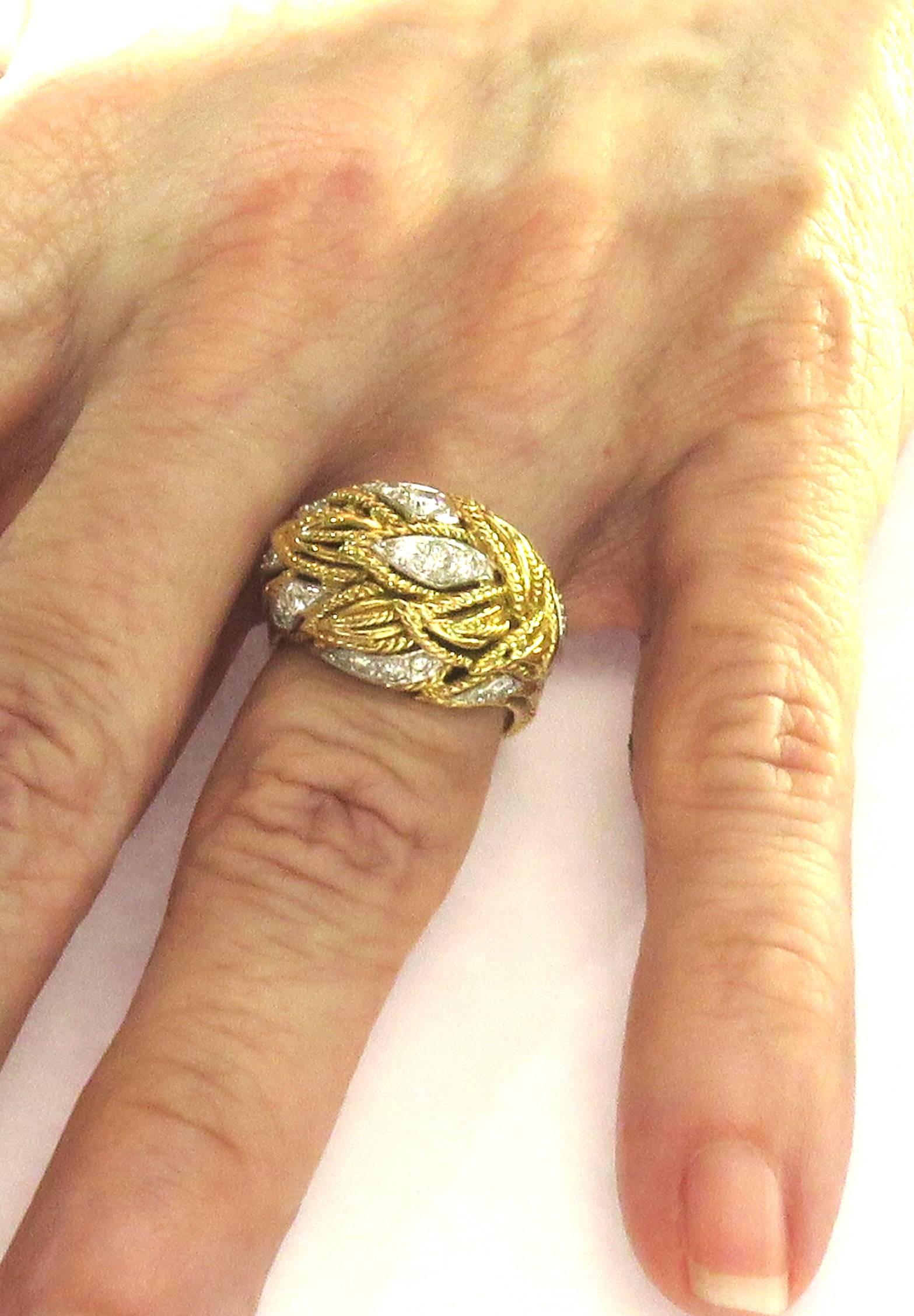 Timeless Van Cleef & Arpels Diamonds in Woven Leaf Design Gold Domed Ring 7