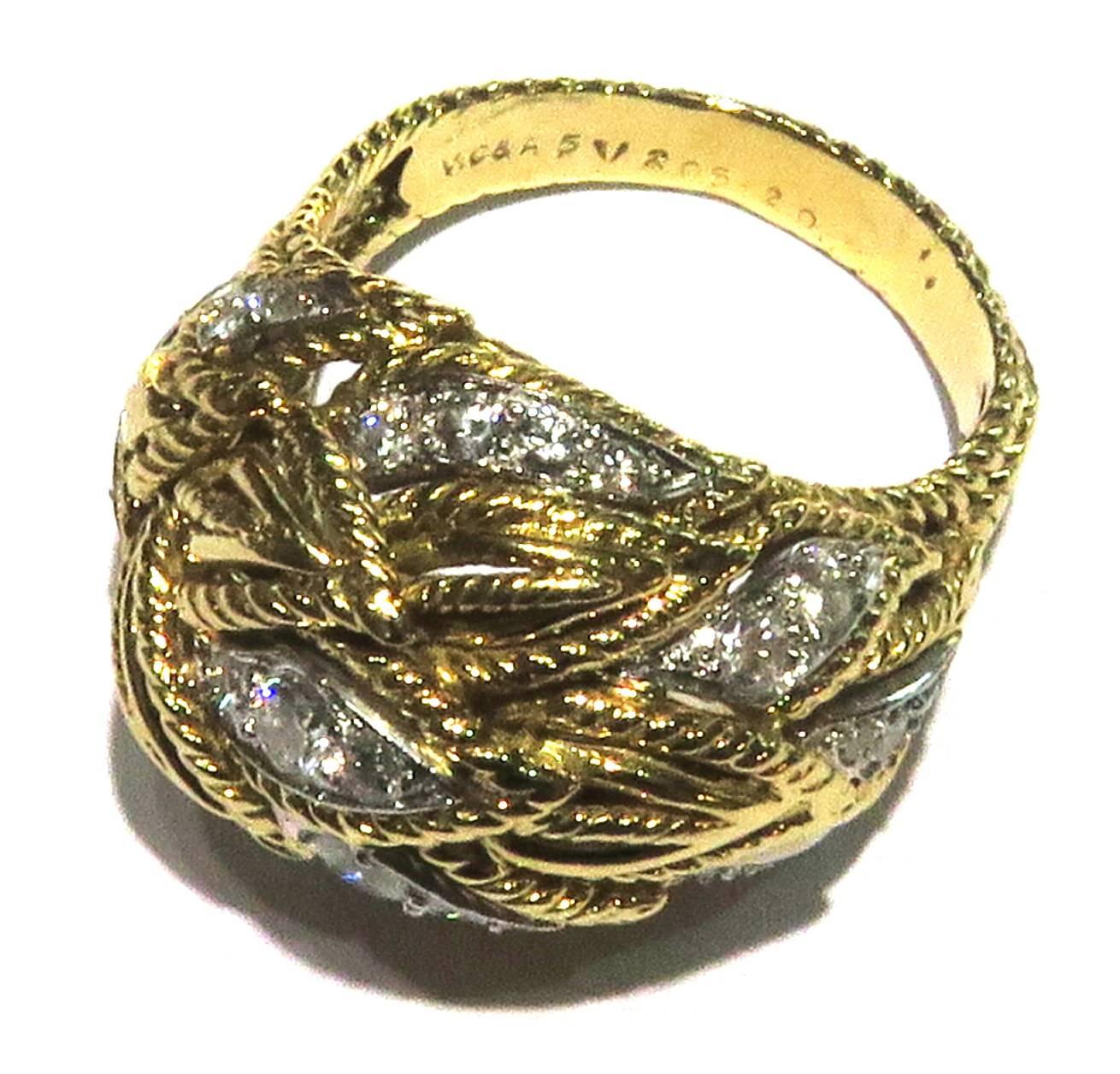 Timeless Van Cleef & Arpels Diamonds in Woven Leaf Design Gold Domed Ring 9