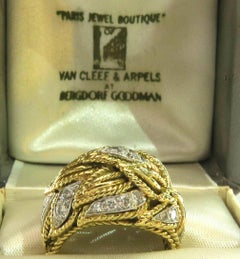 Timeless Van Cleef & Arpels Diamonds in Woven Leaf Design Gold Domed Ring