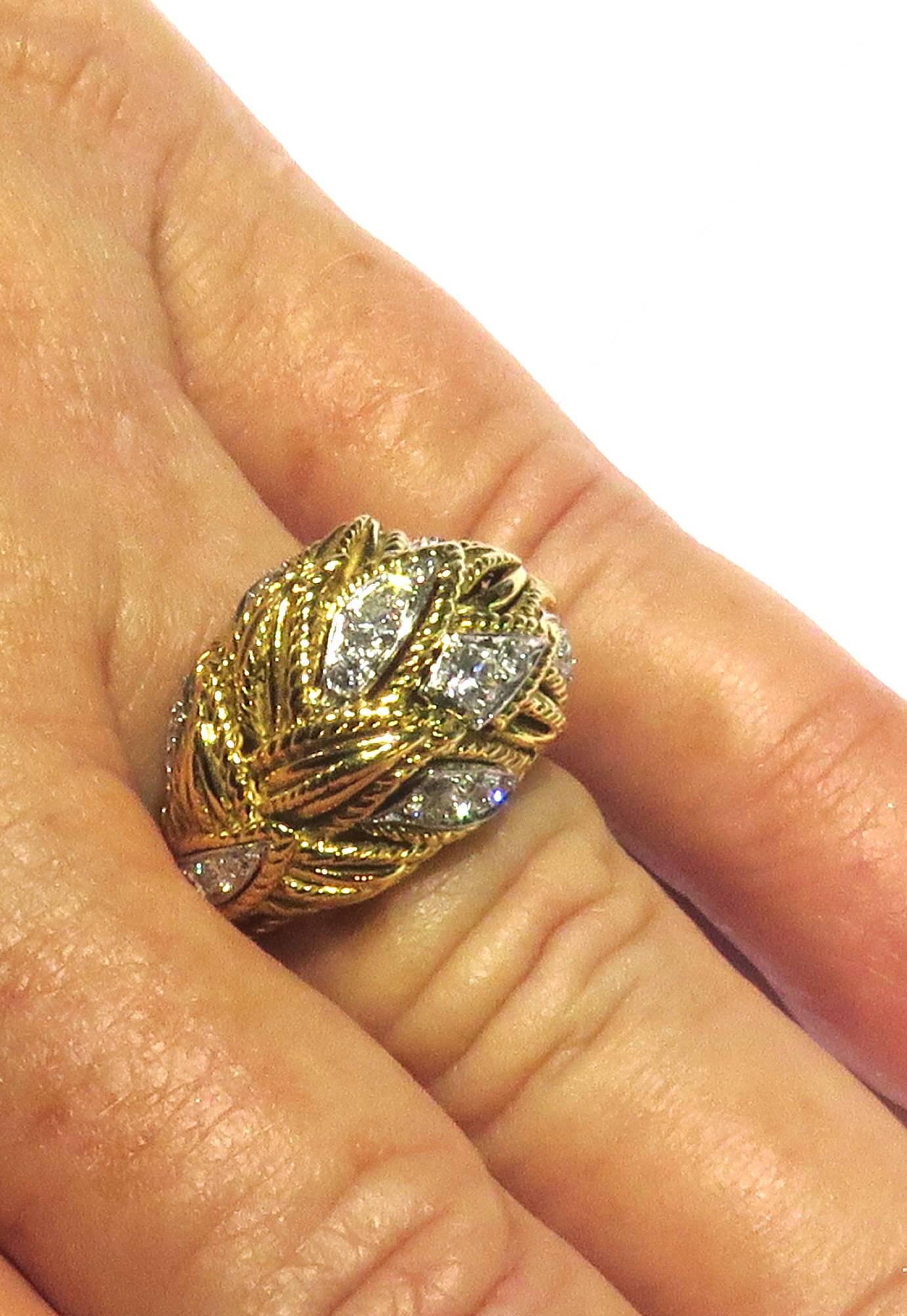 Timeless Van Cleef & Arpels Diamonds in Woven Leaf Design Gold Domed Ring In Excellent Condition In Palm Beach, FL