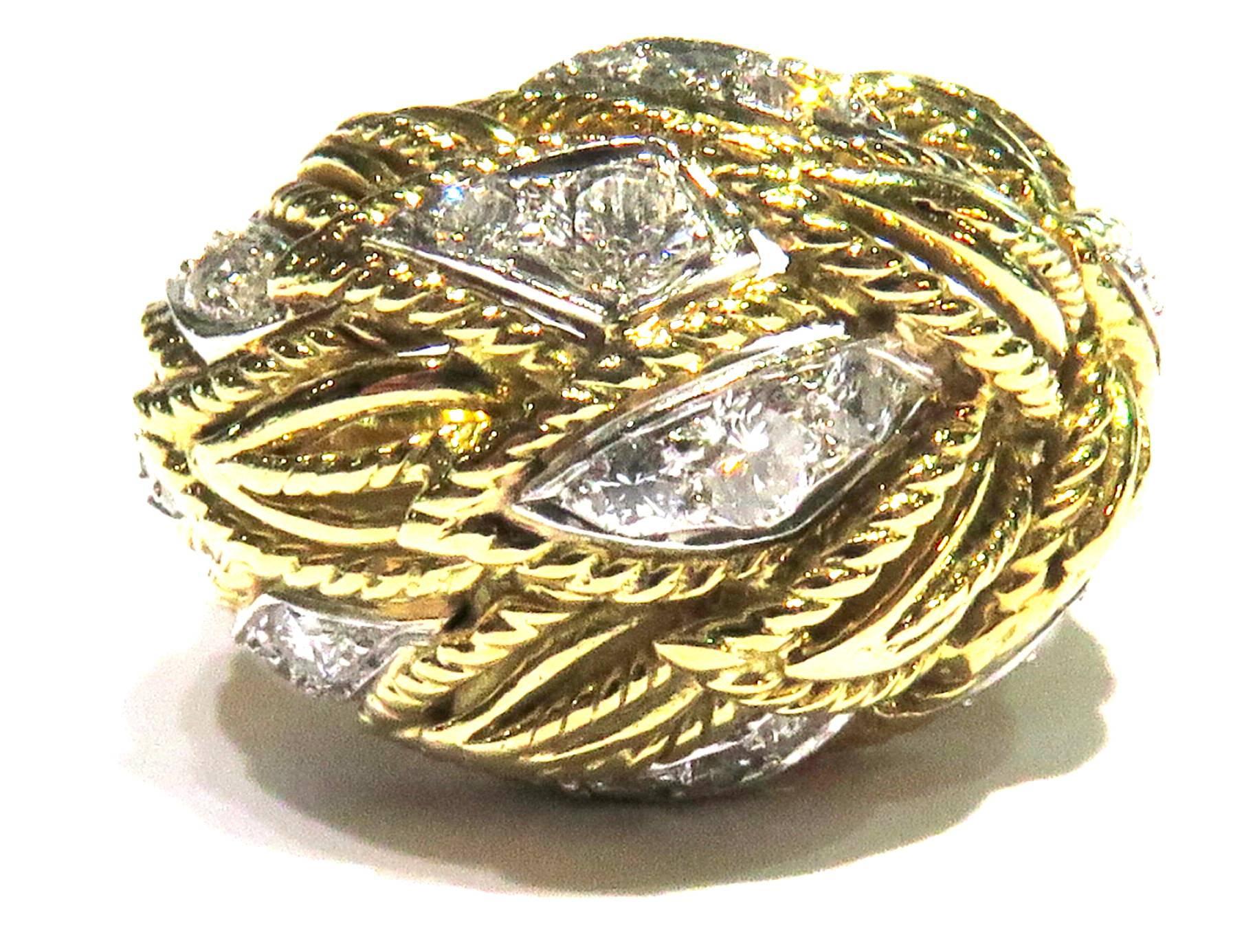 Women's or Men's Timeless Van Cleef & Arpels Diamonds in Woven Leaf Design Gold Domed Ring