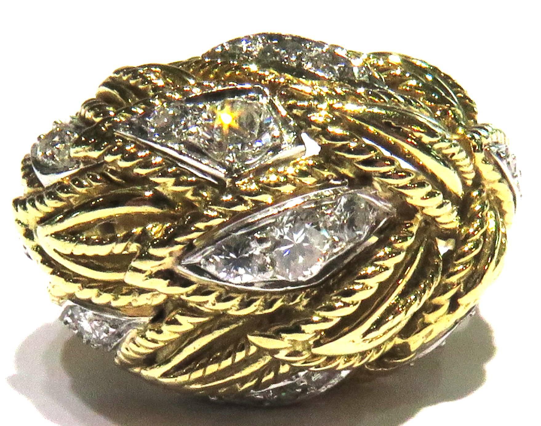 Timeless Van Cleef & Arpels Diamonds in Woven Leaf Design Gold Domed Ring 1