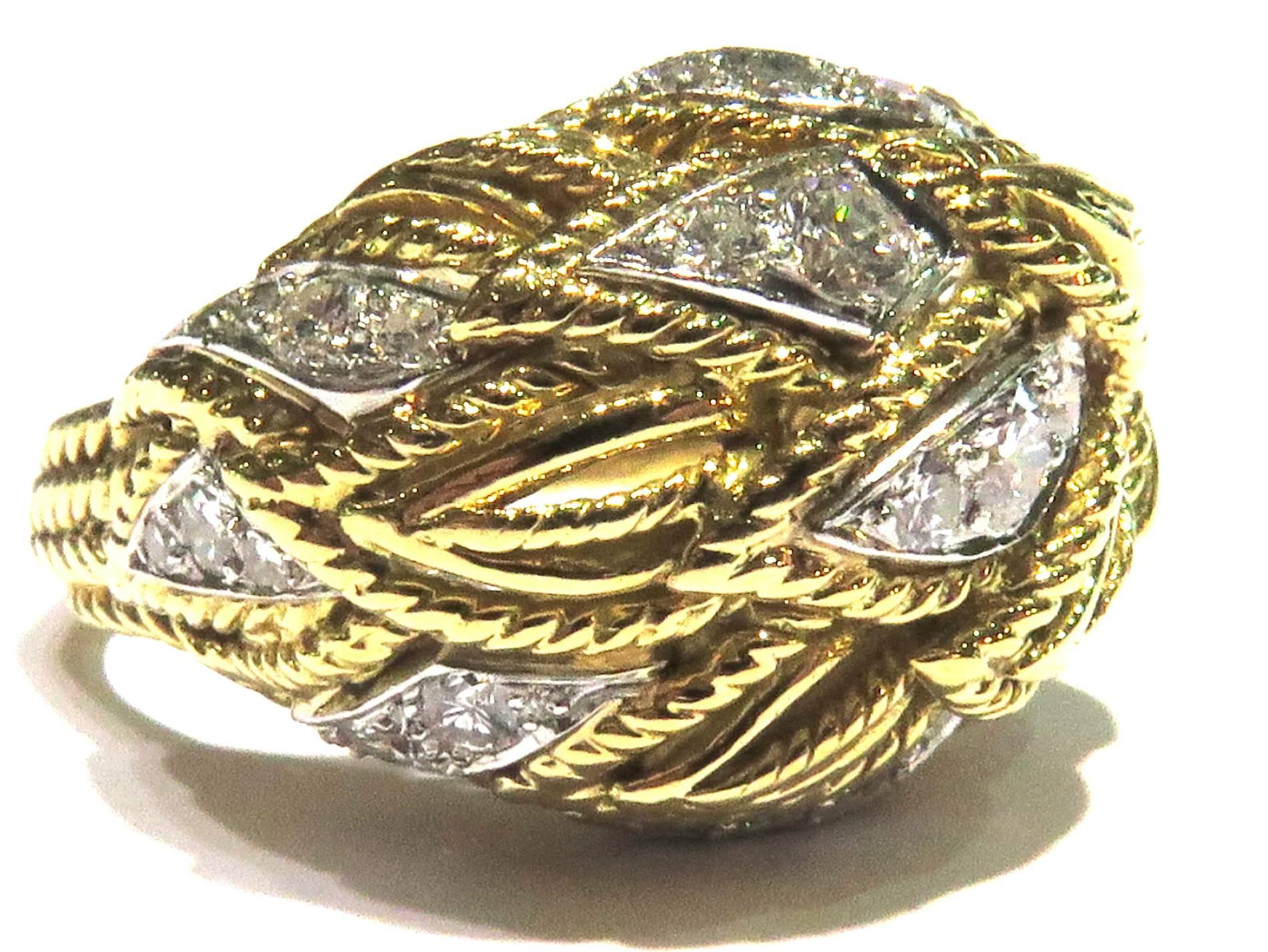 Timeless Van Cleef & Arpels Diamonds in Woven Leaf Design Gold Domed Ring 2
