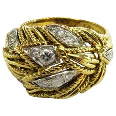 Timeless Van Cleef & Arpels Diamonds in Woven Leaf Design Gold Domed Ring
