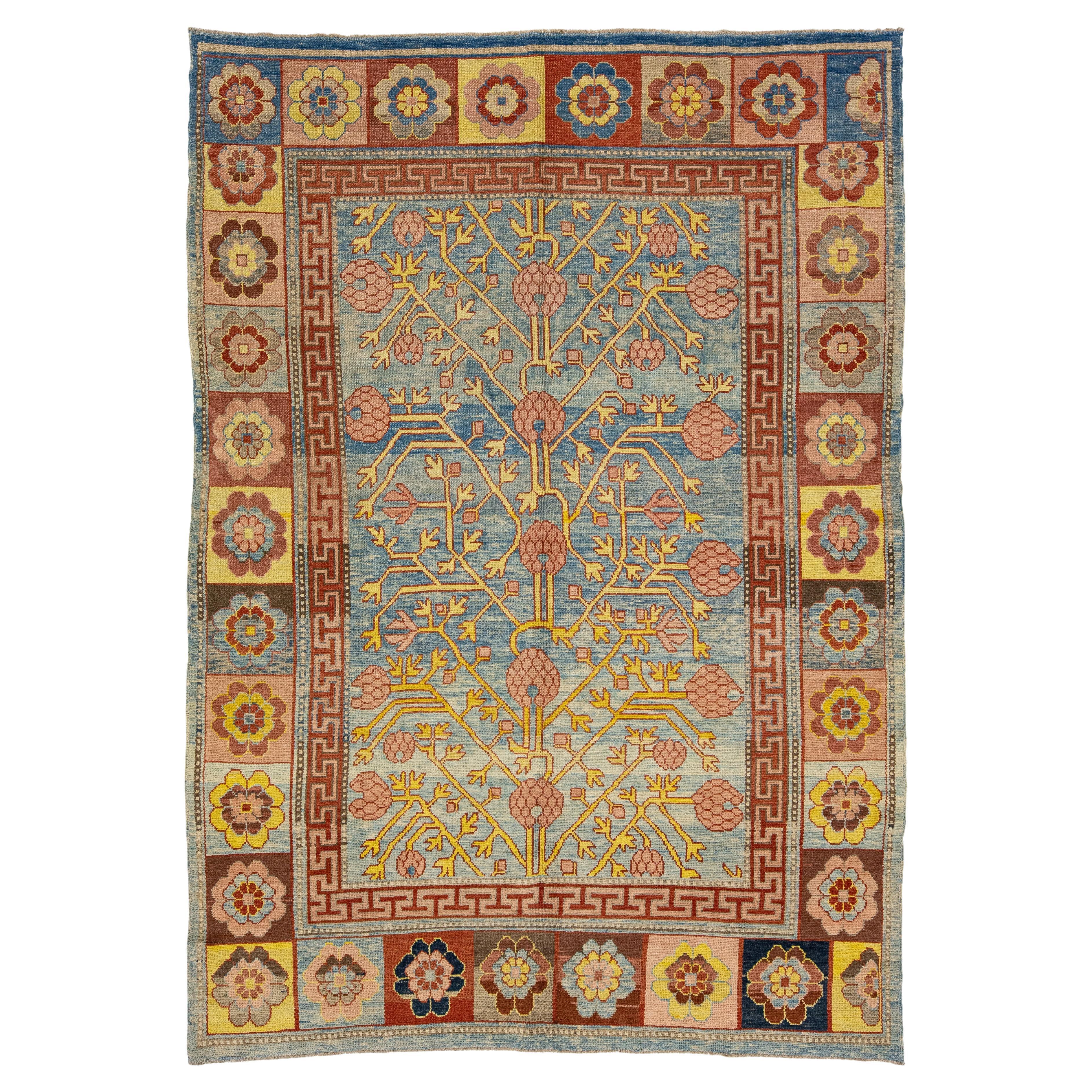 Timeless Vintage Khotan Style Blue Wool Rug Featuring an Allover Design For Sale