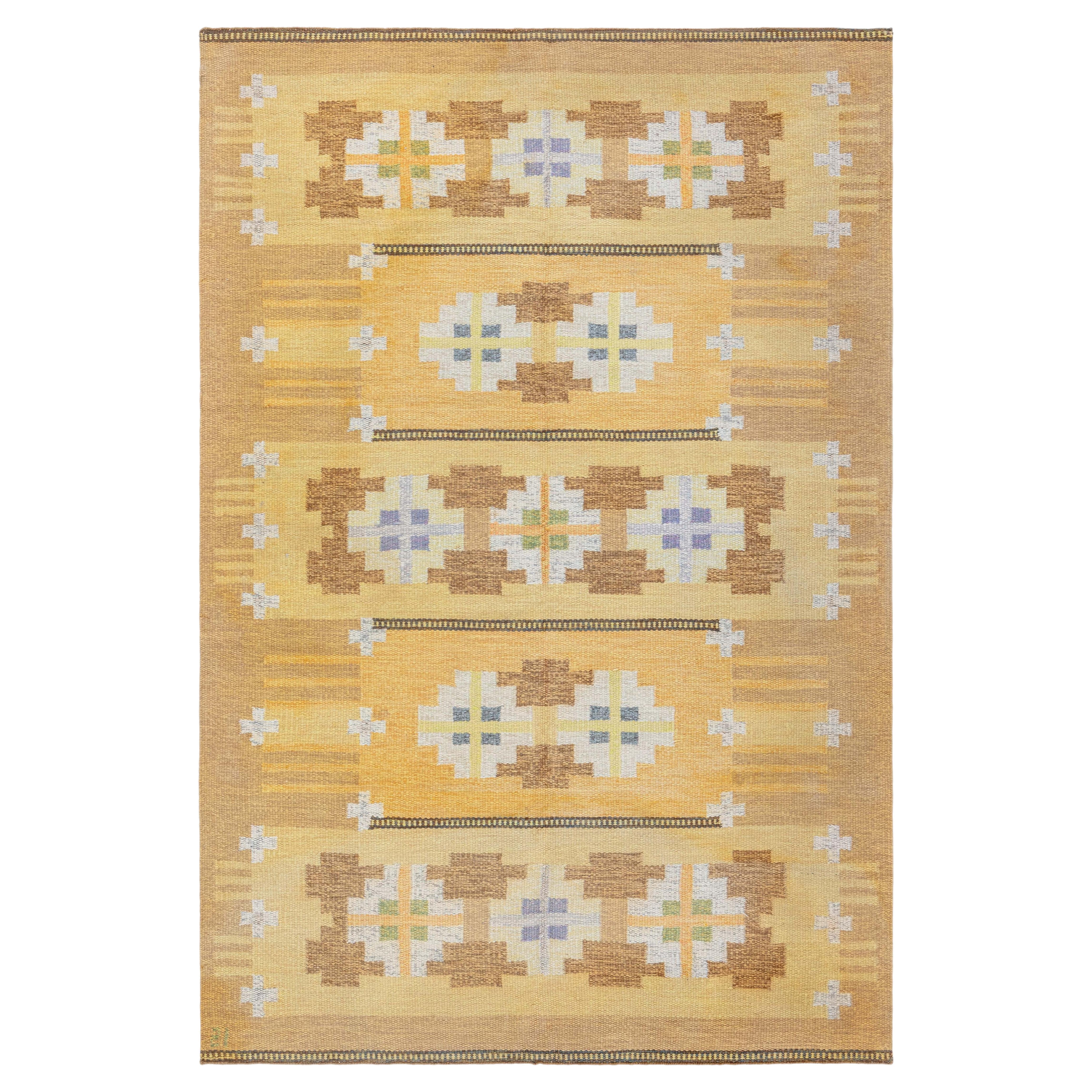 Timeless Vintage Scandinavian Ivory Flatweave Carpet Signed By Ingegerd Silow For Sale