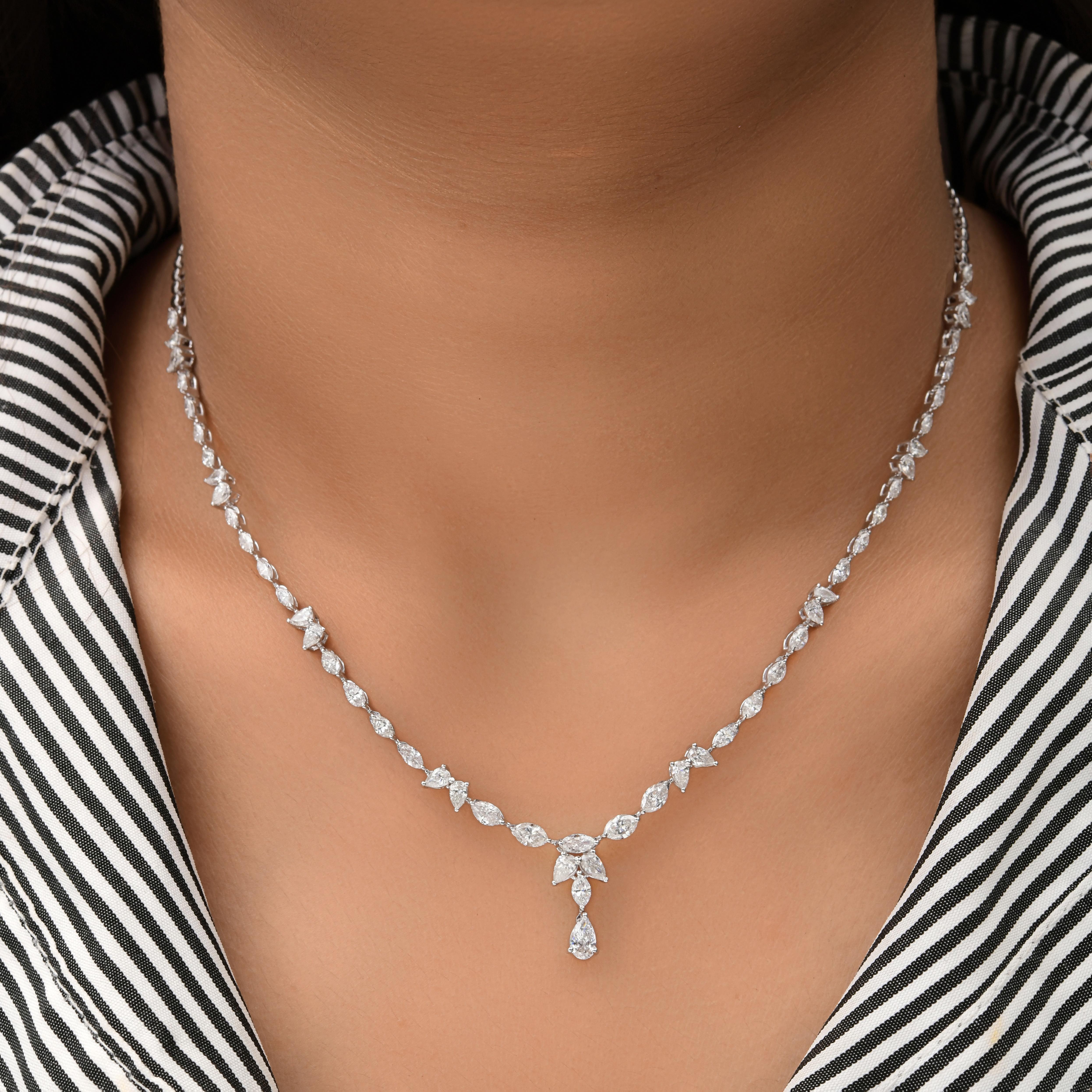 Timeless White Gold Marquise & Pear Cut Diamond Anniversary Necklace 14 Karat.
This stunning necklace features a delicate arrangement of marquise, pear-cut diamonds, gracefully set along a slender chain that embodies modern luxury. At the center