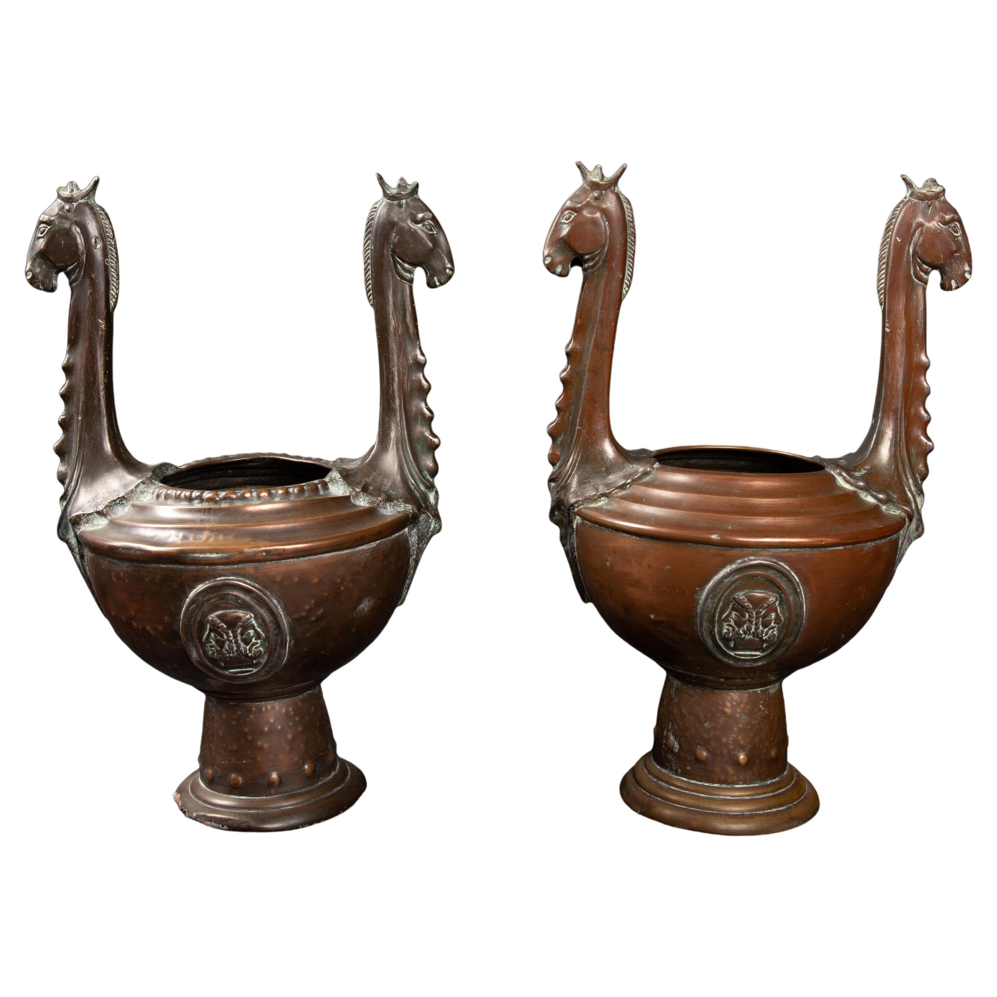 Timeless Wisdom: 19th Century Greek Owl Urns with Crowned Horse Heads For Sale