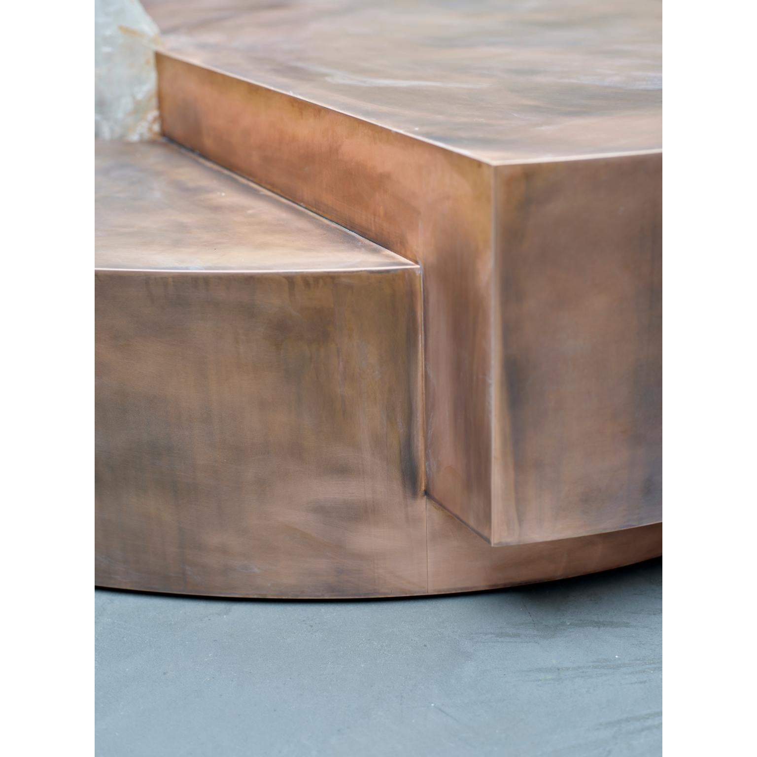 Post-Modern Split Circle Bronze Unique Coffee Table, Rough Crystal Stone by Pierre De Valck For Sale