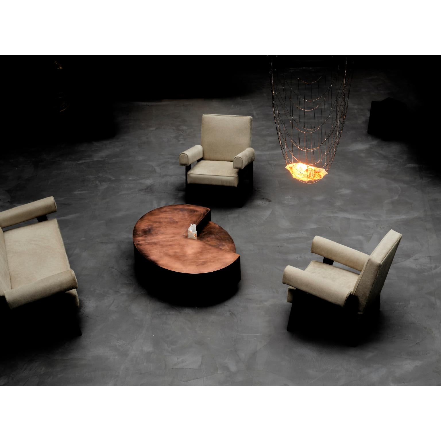 Split Circle Bronze Unique Coffee Table, Rough Crystal Stone by Pierre De Valck In New Condition For Sale In Geneve, CH