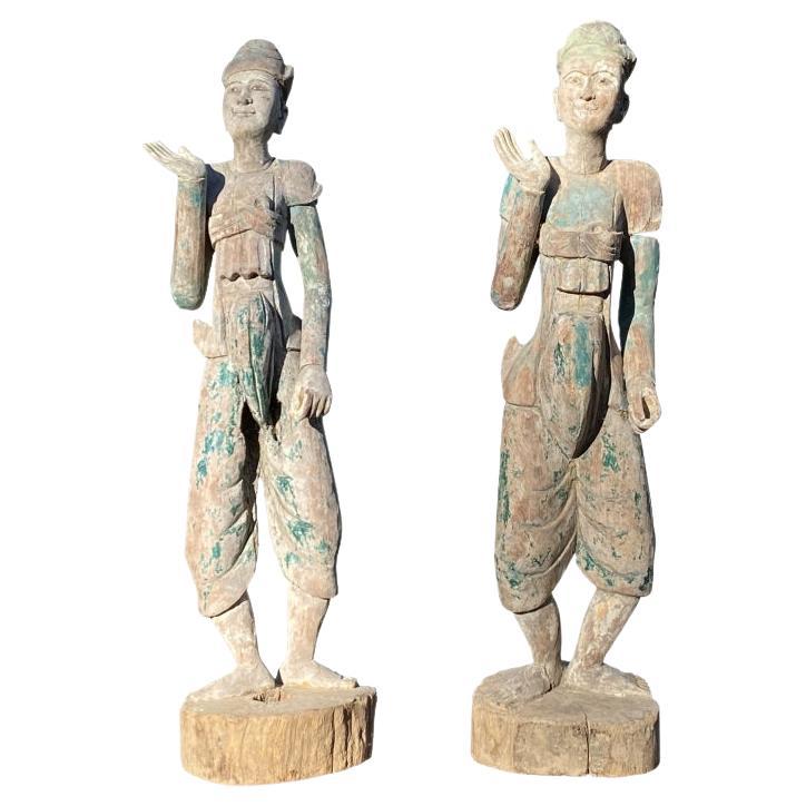 Timeworn Folk Art Pair Of Burmese Entrance Figures For Sale