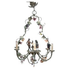 Lustre en tôle vieilli avec grappes de raisins en verre et panneau figuratif