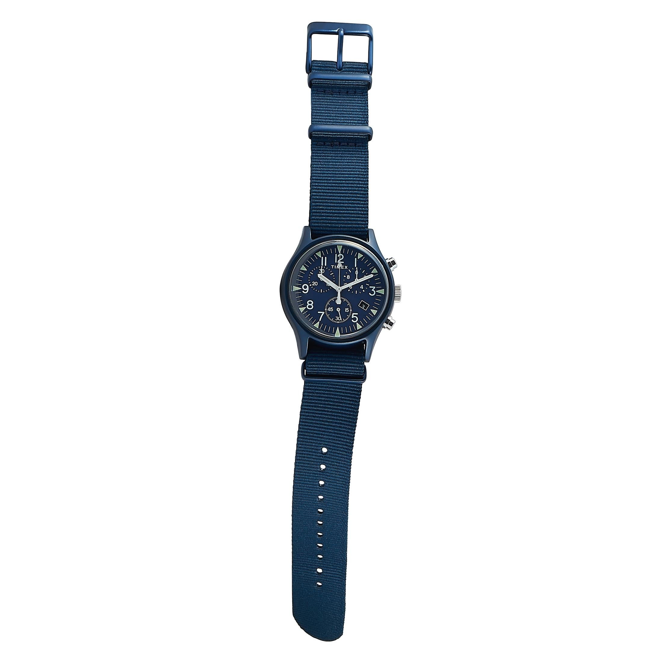 This is the Timex MK1 Aluminum Chronograph 40 mm watch, reference number TW2R67600.

It is presented with a blue aluminum case that boasts stainless steel back and offers water resistance of 30 meters. The case measures 40 mm in diameter and is