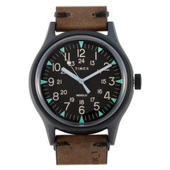 Vintage Timex MK1 Black Stainless Steel Brown Leather Watch TW2R96900