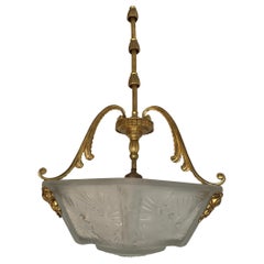 Timeless Art Deco Gilt Bronze & Glass Pendant Light by Muller Frères Luneville